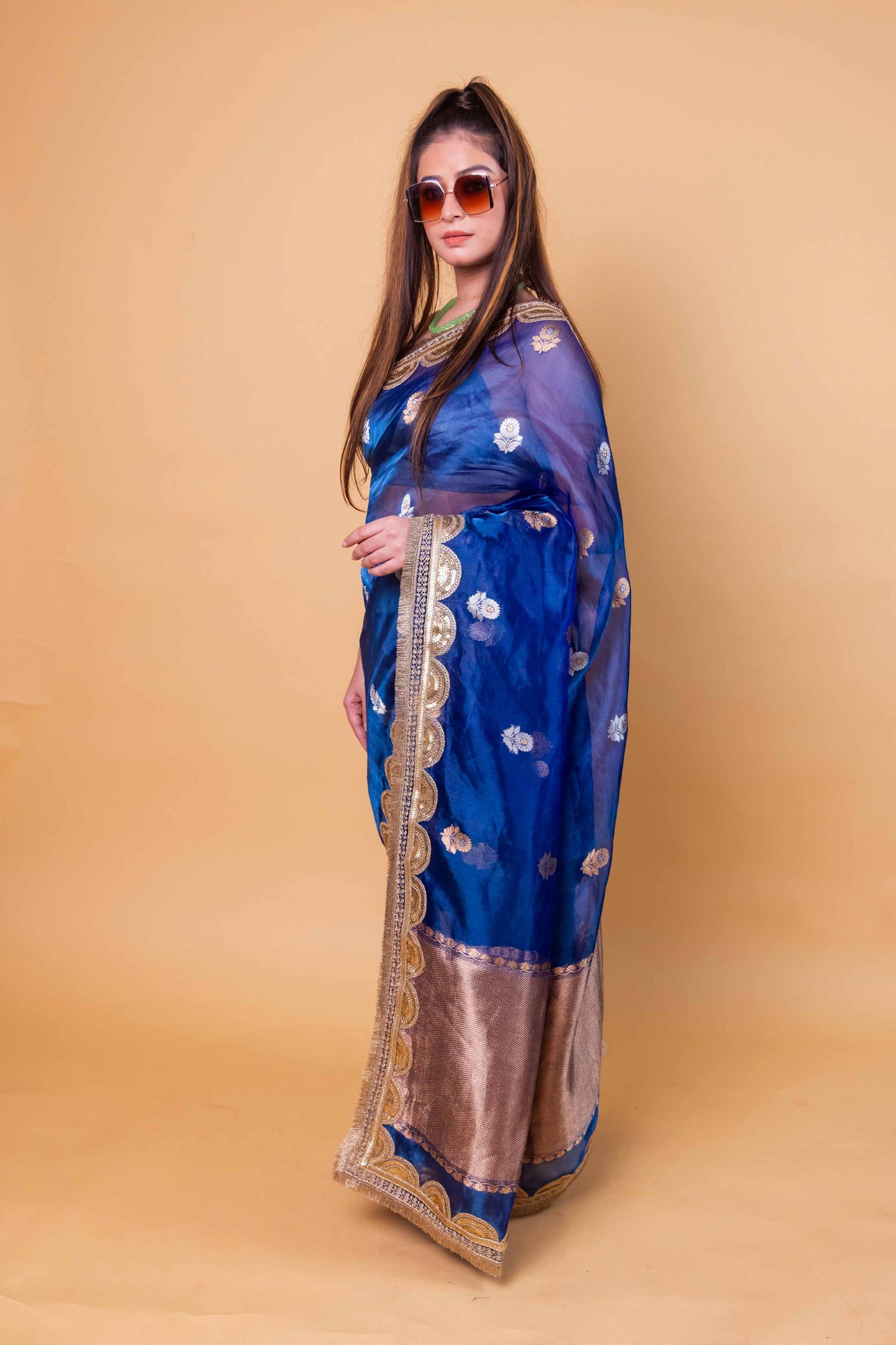 German Blue Pure Tissue Silk Saree With Embroidery Border
