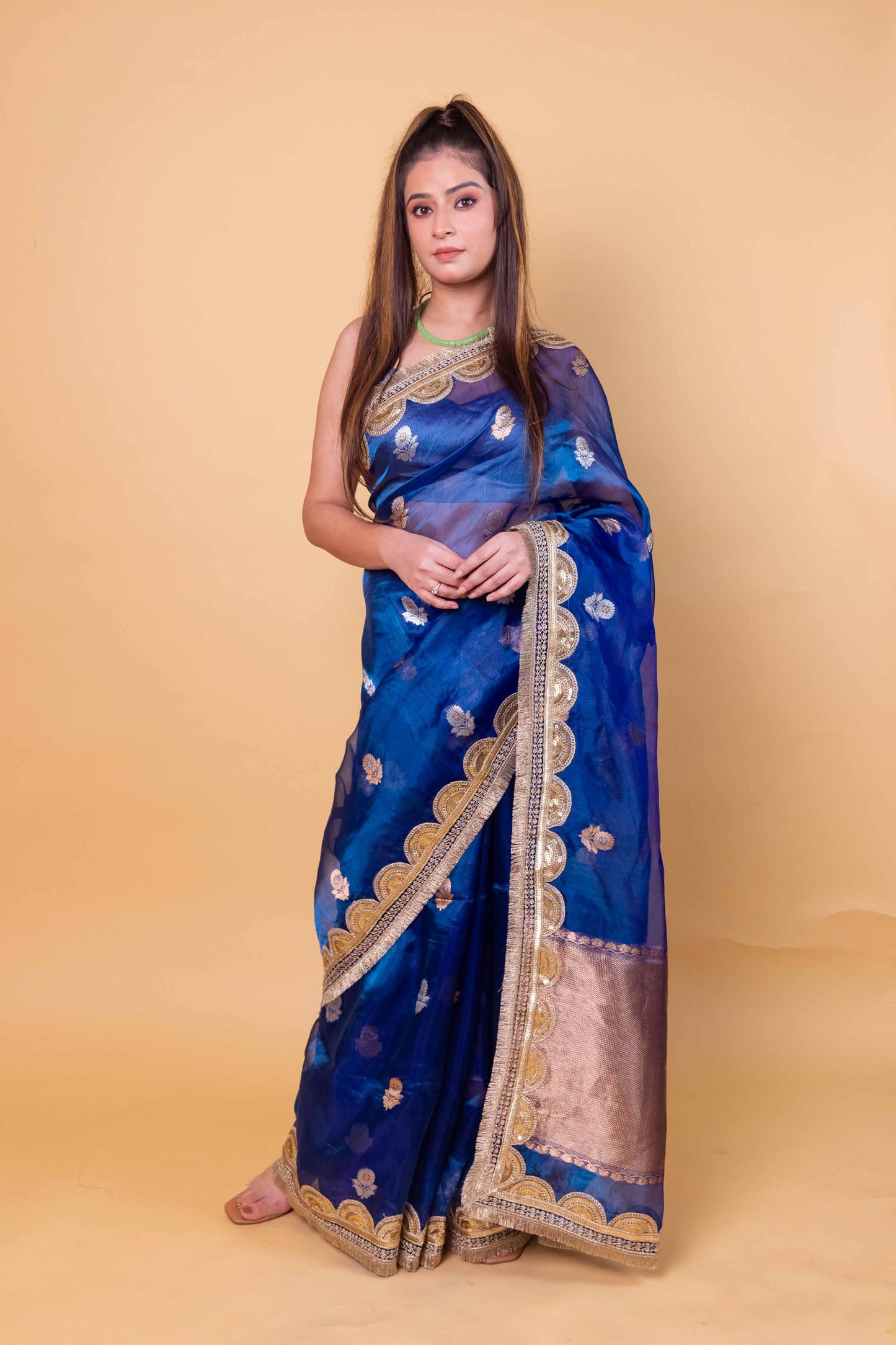 German Blue Pure Tissue Silk Saree With Embroidery Border