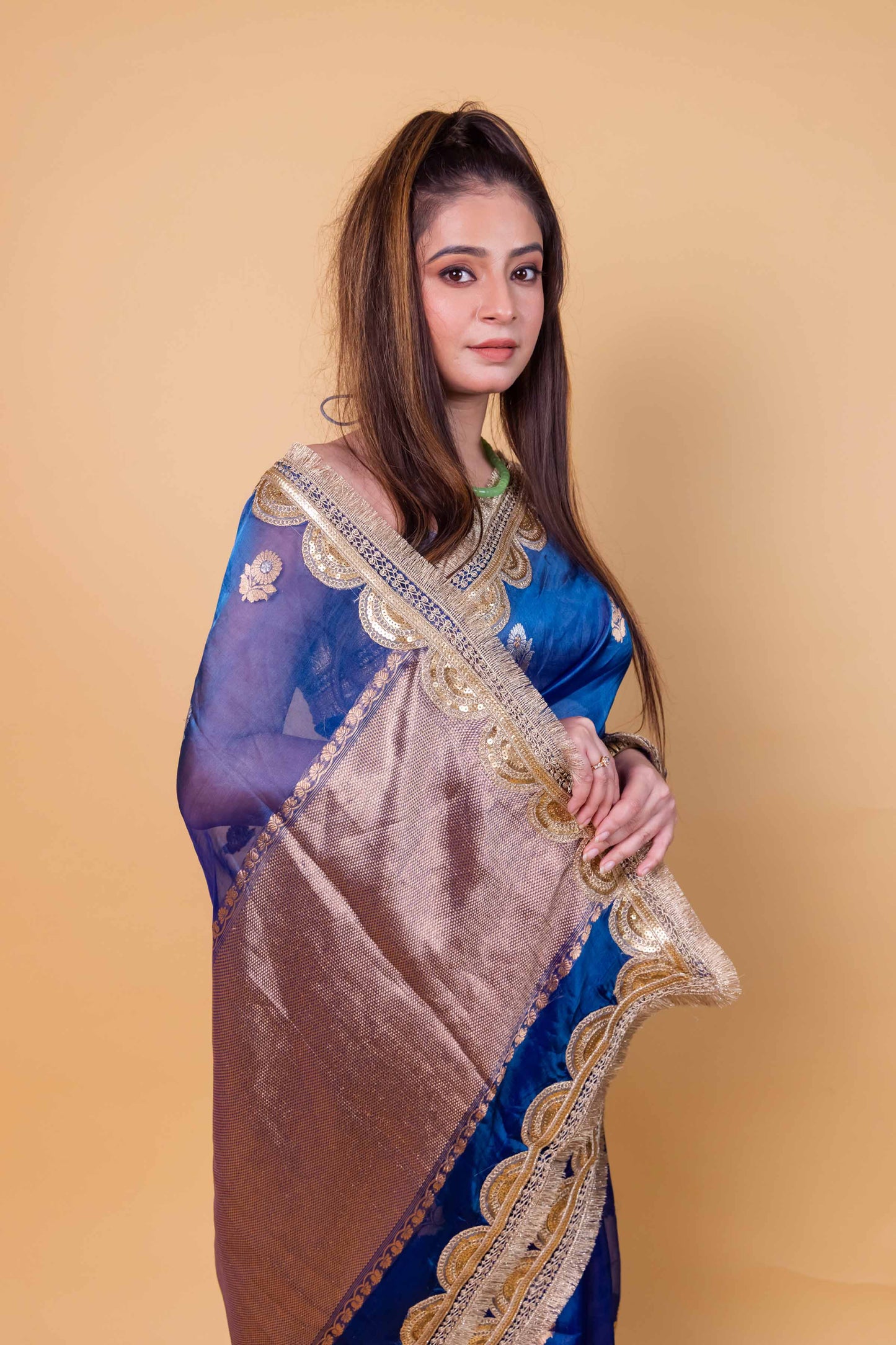 German Blue Pure Tissue Silk Saree With Embroidery Border