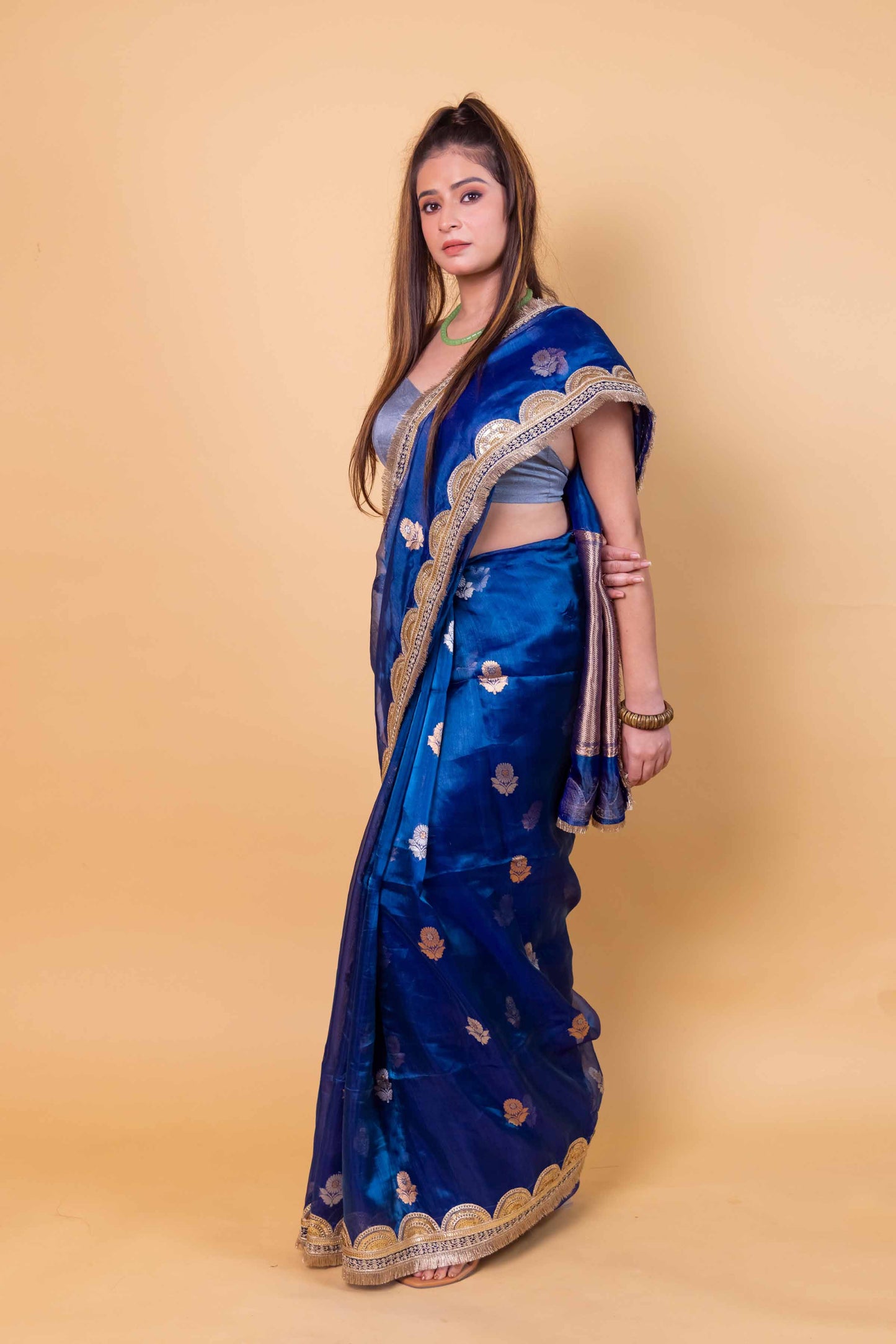 German Blue Pure Tissue Silk Saree With Embroidery Border