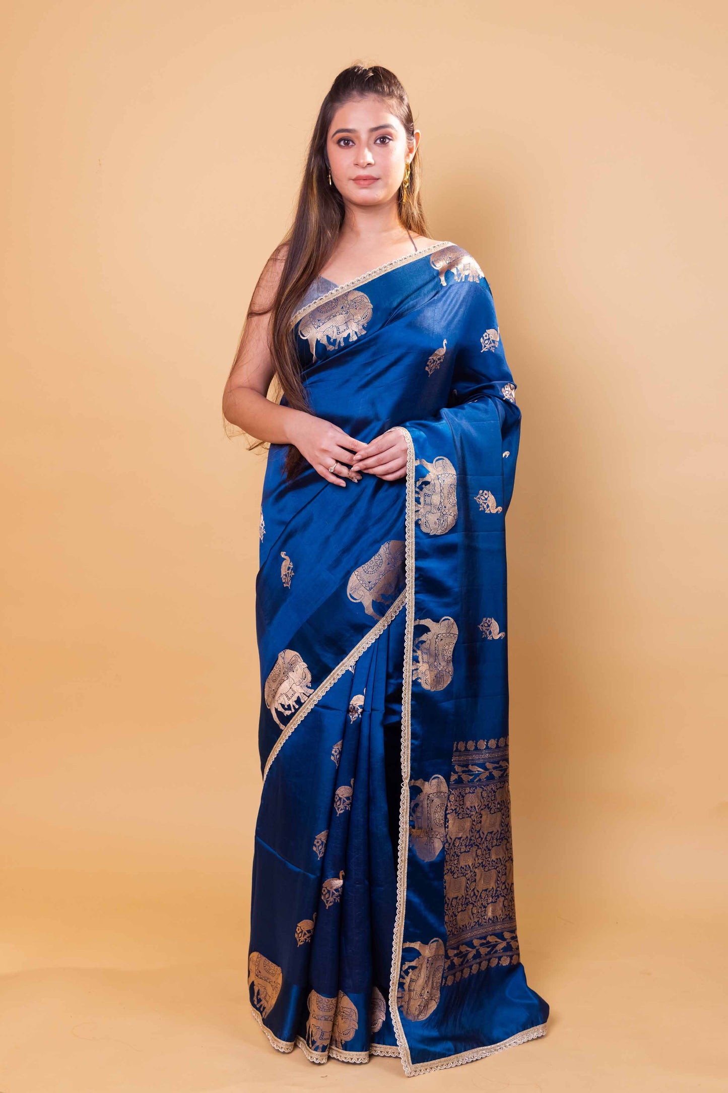 German Blue Pichwai Weaving Raw Mango Silk Saree
