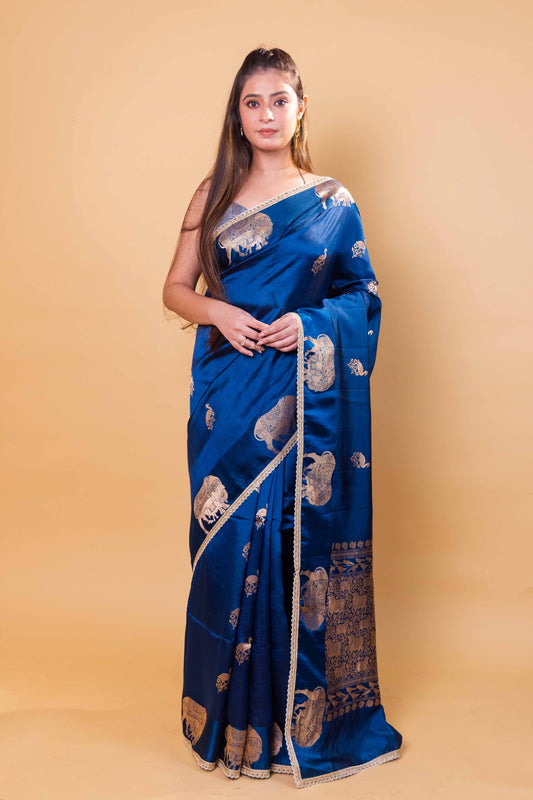 German Blue Pichwai Weaving Raw Mango Silk Saree