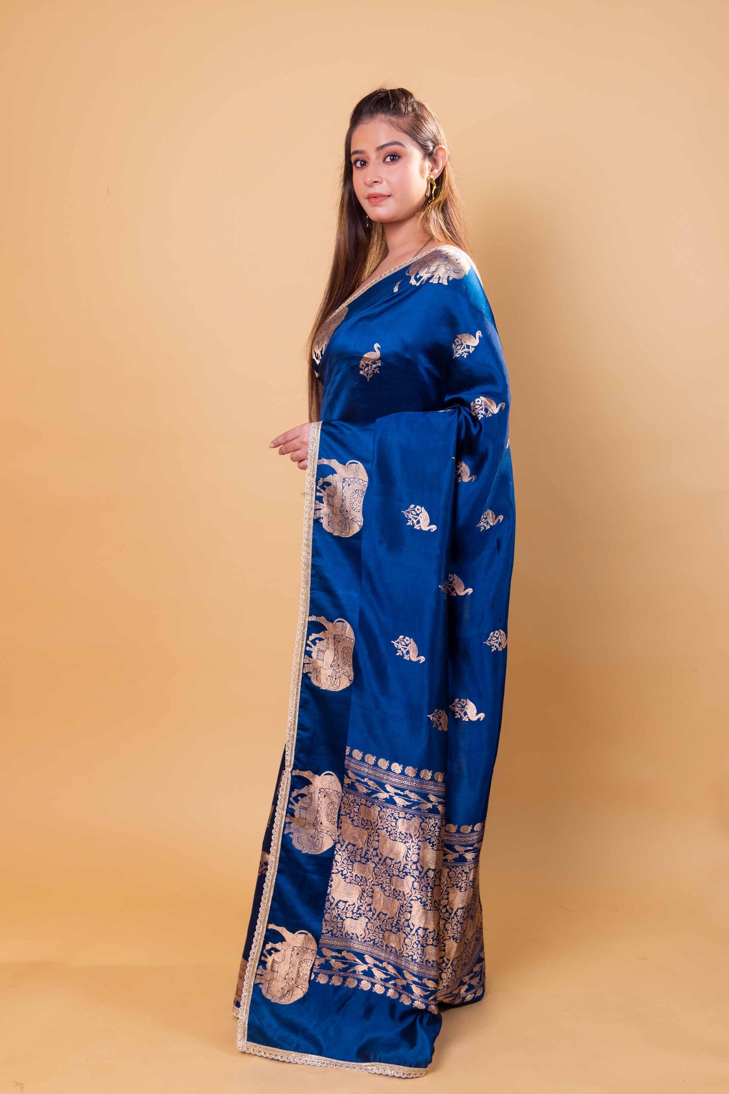 German Blue Pichwai Weaving Raw Mango Silk Saree