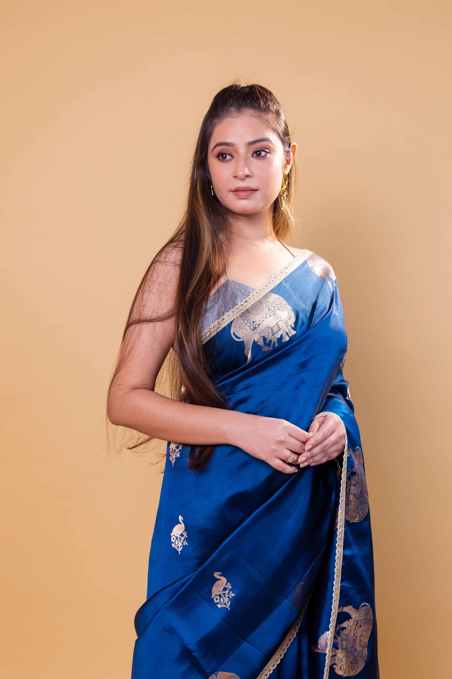 German Blue Pichwai Weaving Raw Mango Silk Saree