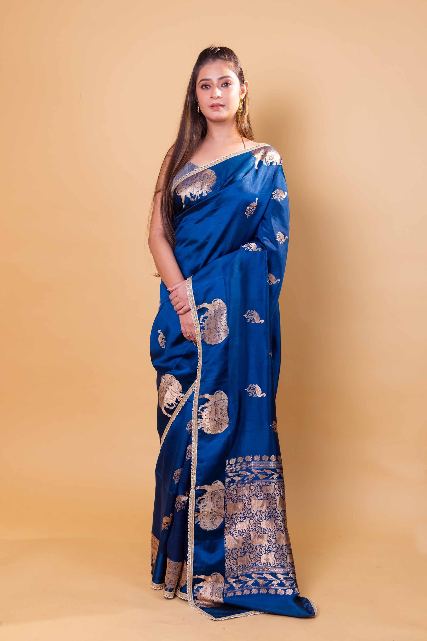 German Blue Pichwai Weaving Raw Mango Silk Saree