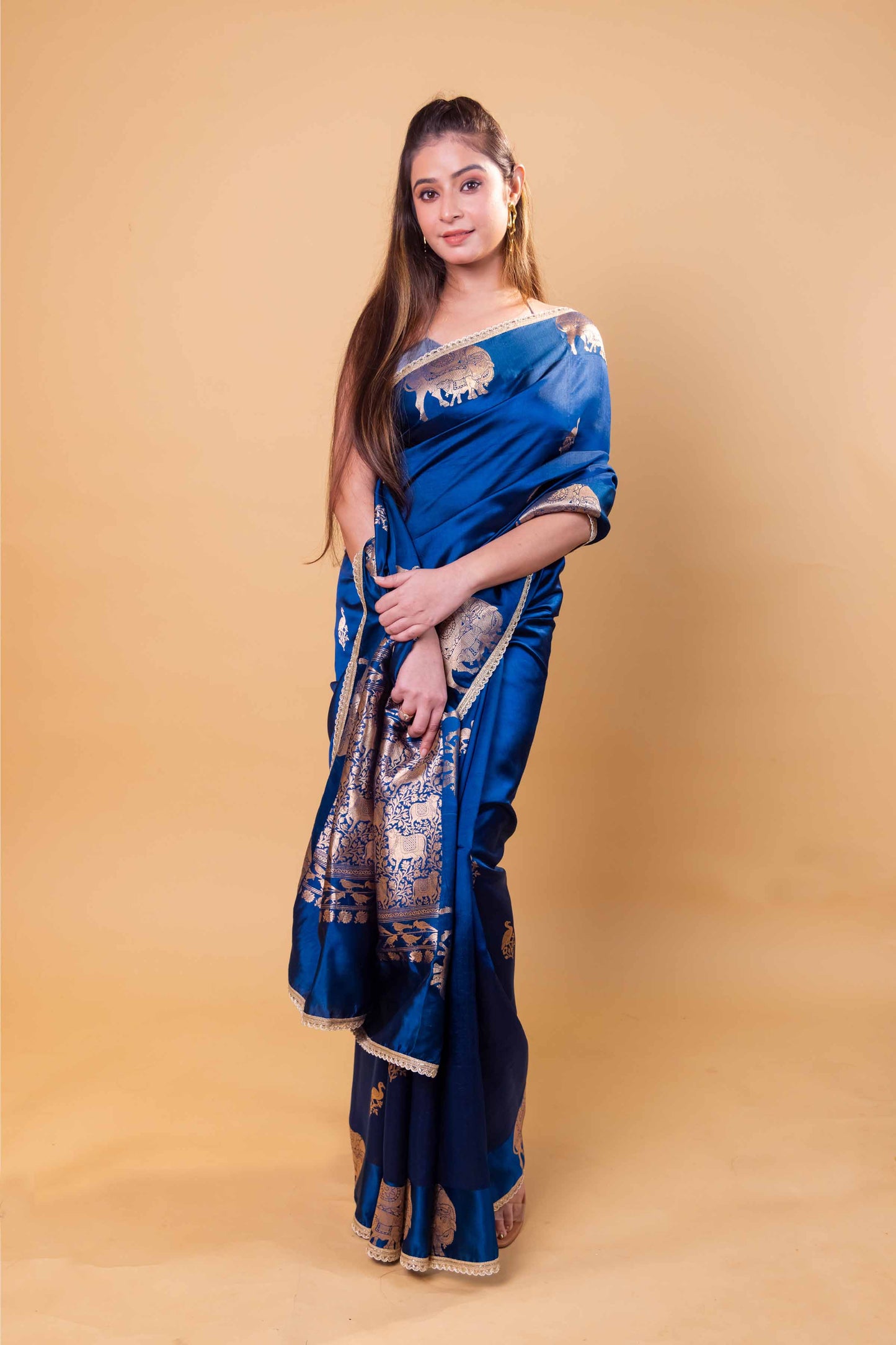 German Blue Pichwai Weaving Raw Mango Silk Saree