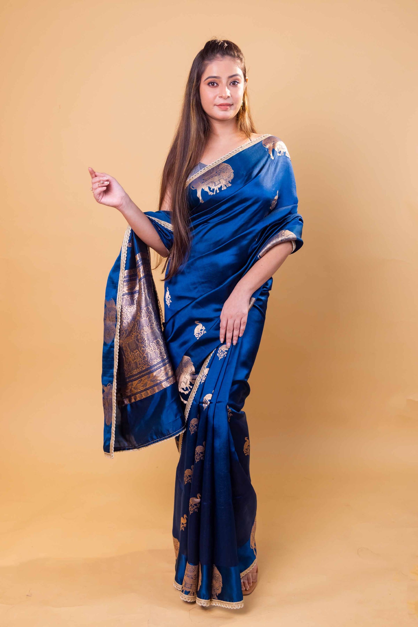 German Blue Pichwai Weaving Raw Mango Silk Saree
