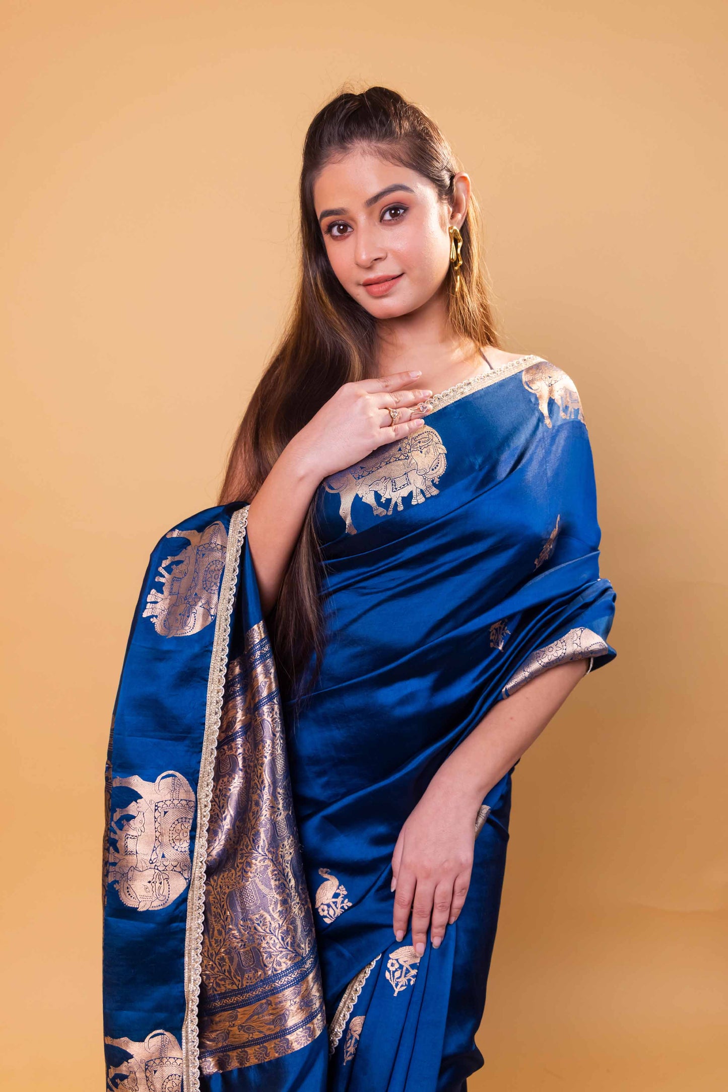 German Blue Pichwai Weaving Raw Mango Silk Saree