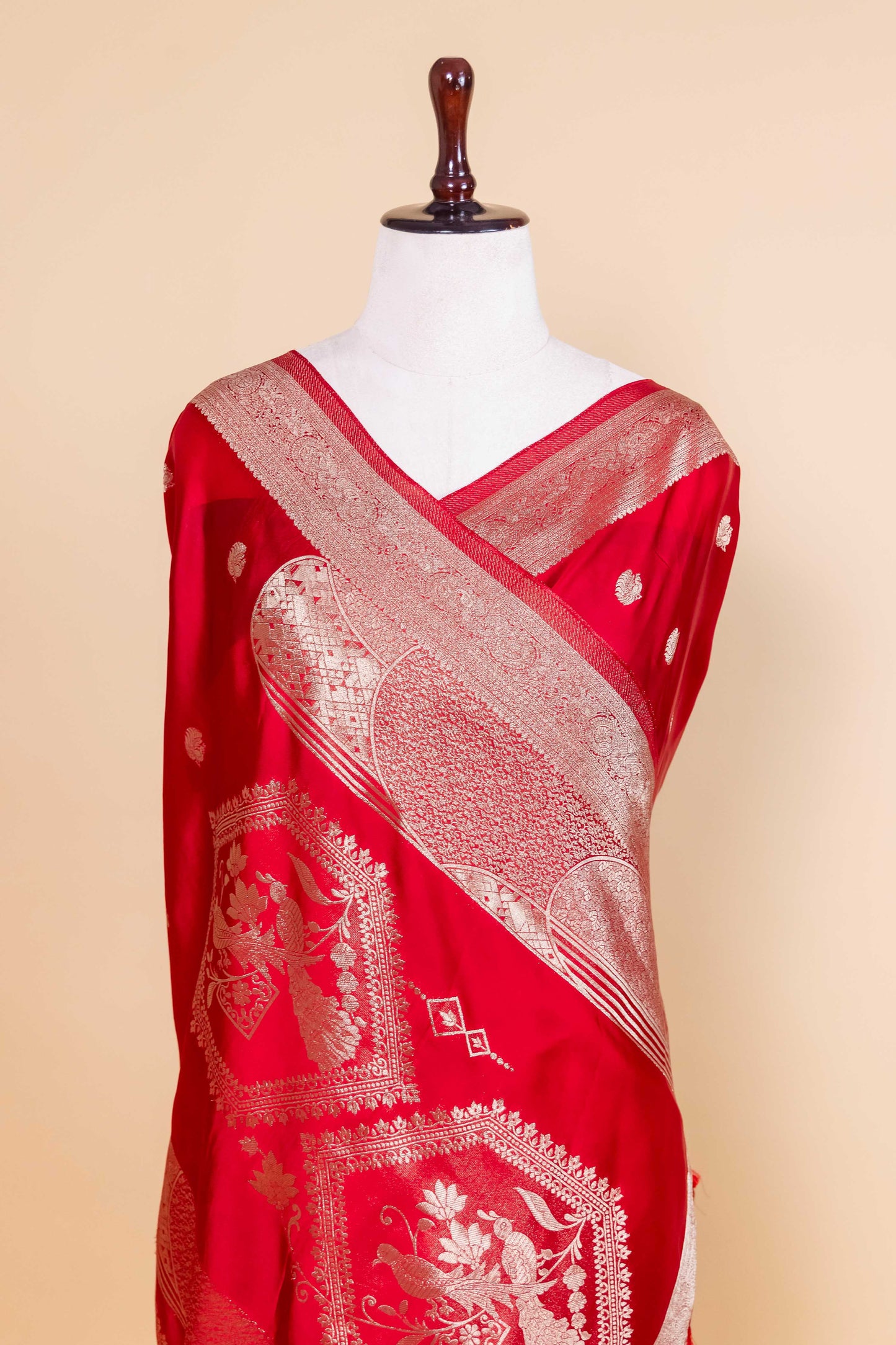 Red Bird Weaving Satin Silk  Fancy Saree