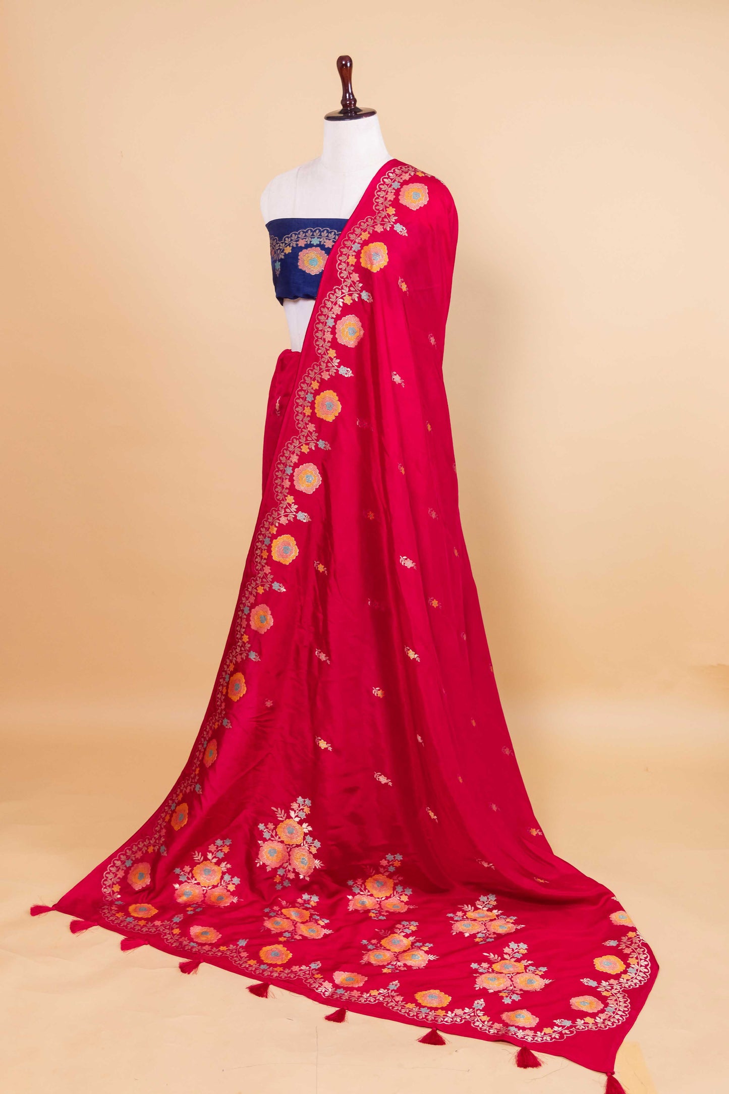 Red Floral Russian Silk Saree