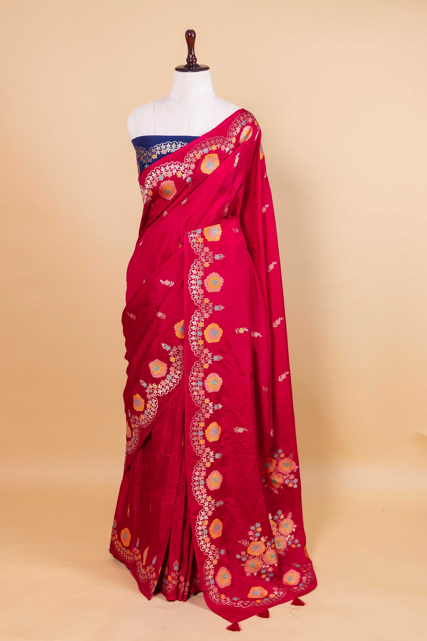 Red Floral Russian Silk Saree