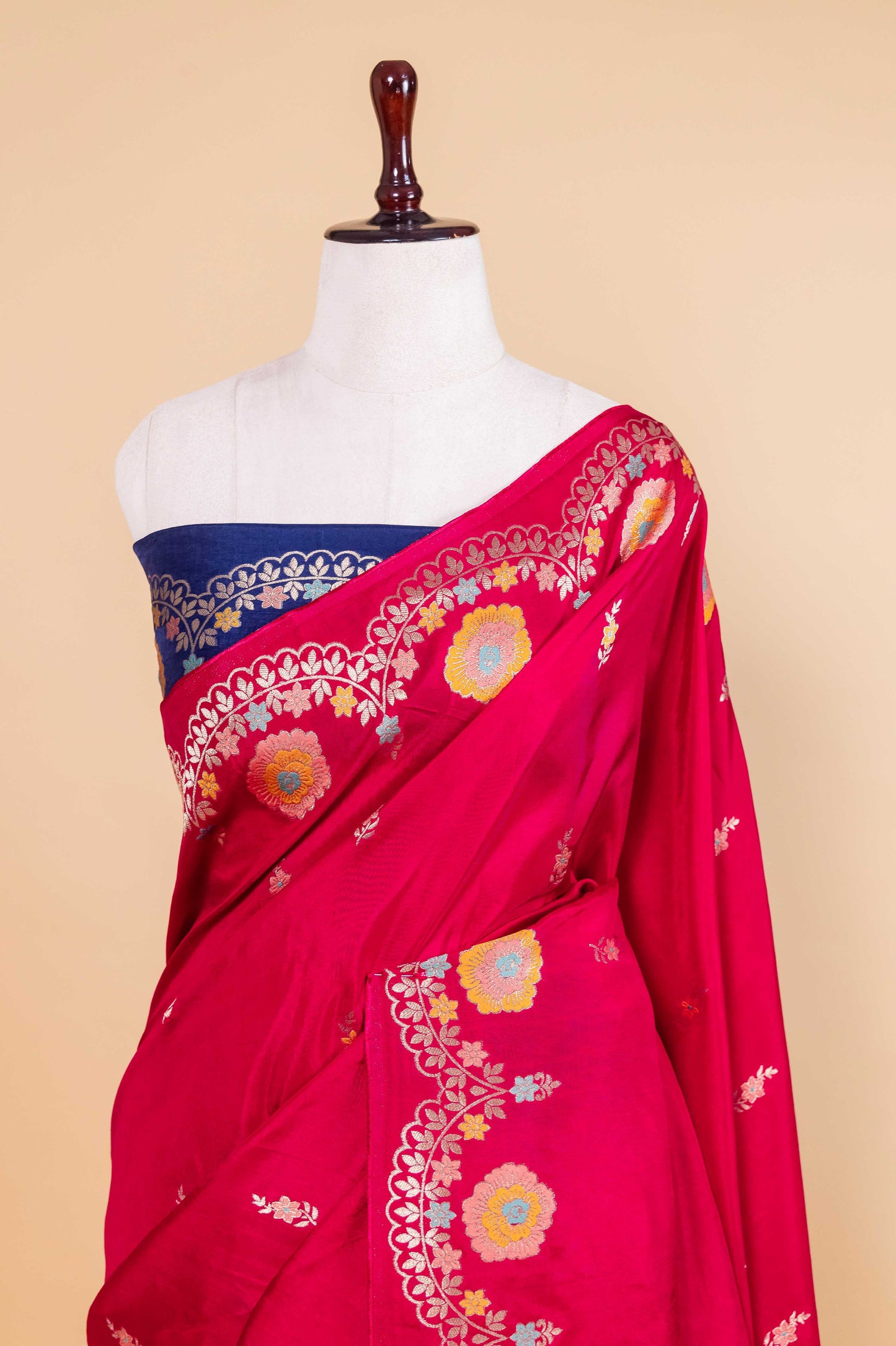 Red Floral Russian Silk Saree