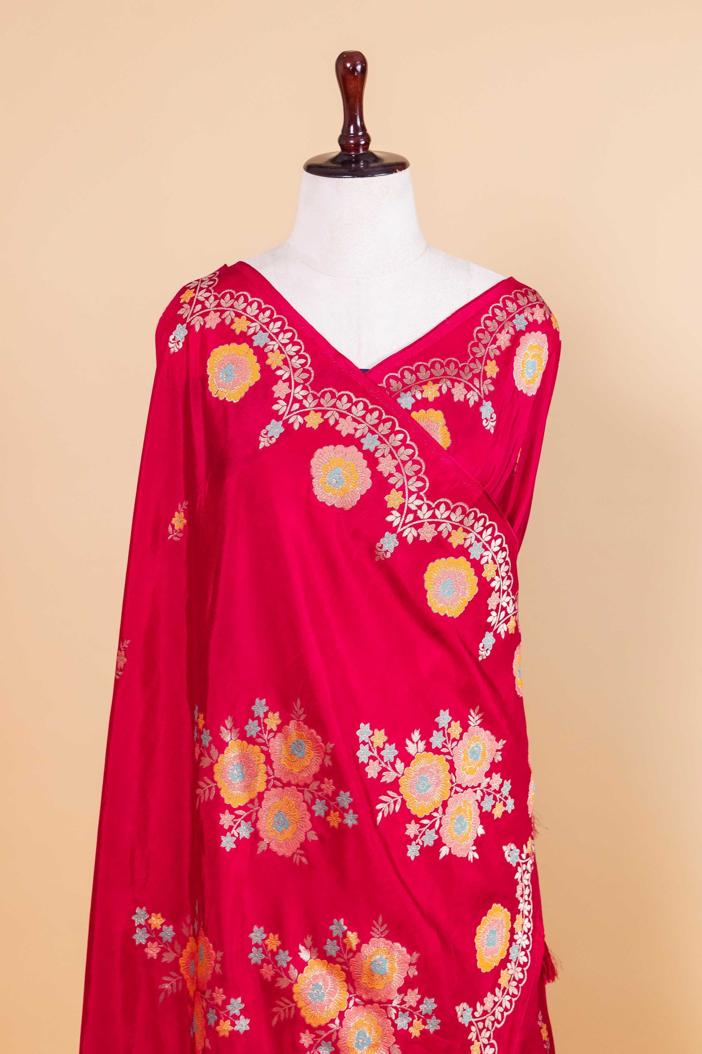 Red Floral Russian Silk Saree