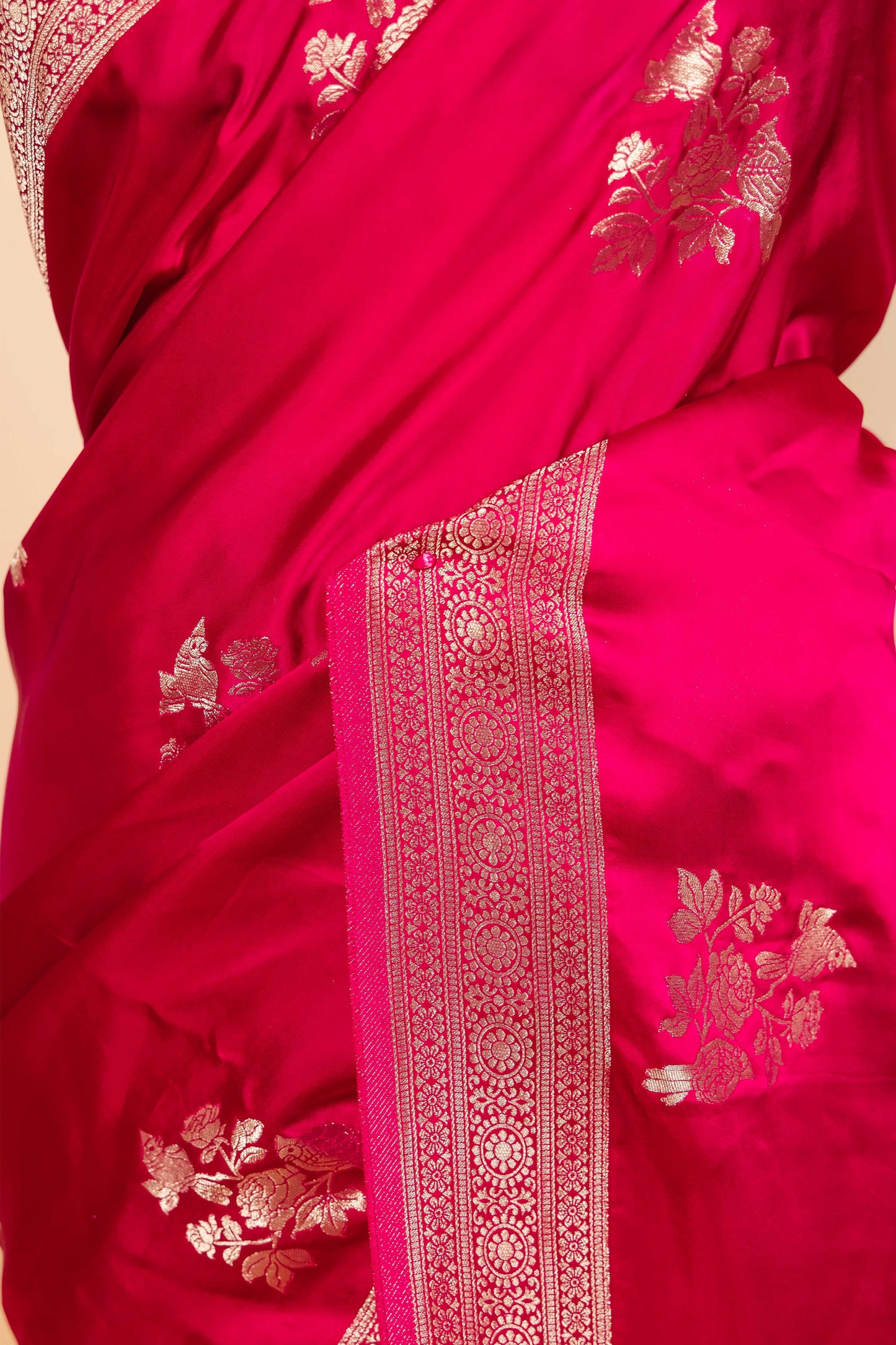 Red Bird Weaving Satin Silk Saree