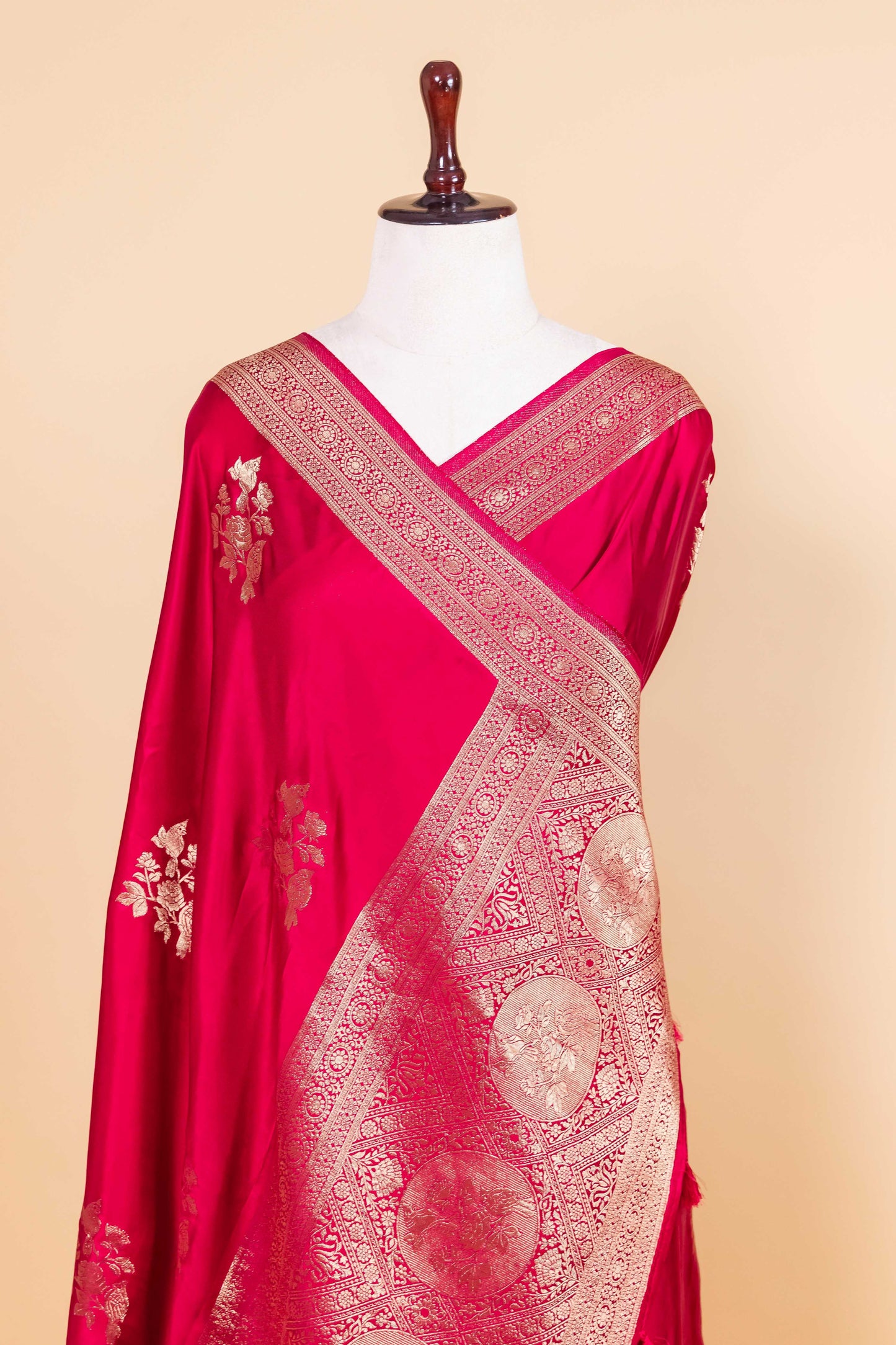 Red Bird Weaving Satin Silk Saree