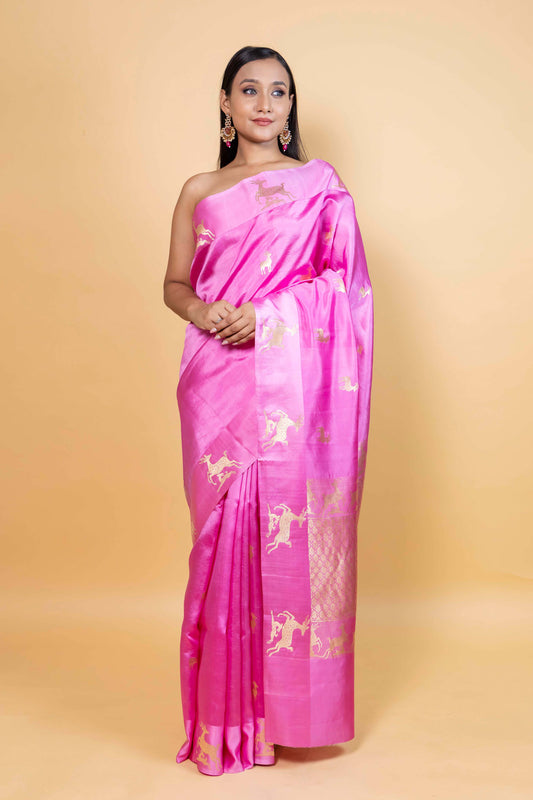 Pink Deer Motif Raw Mango Silk Saree