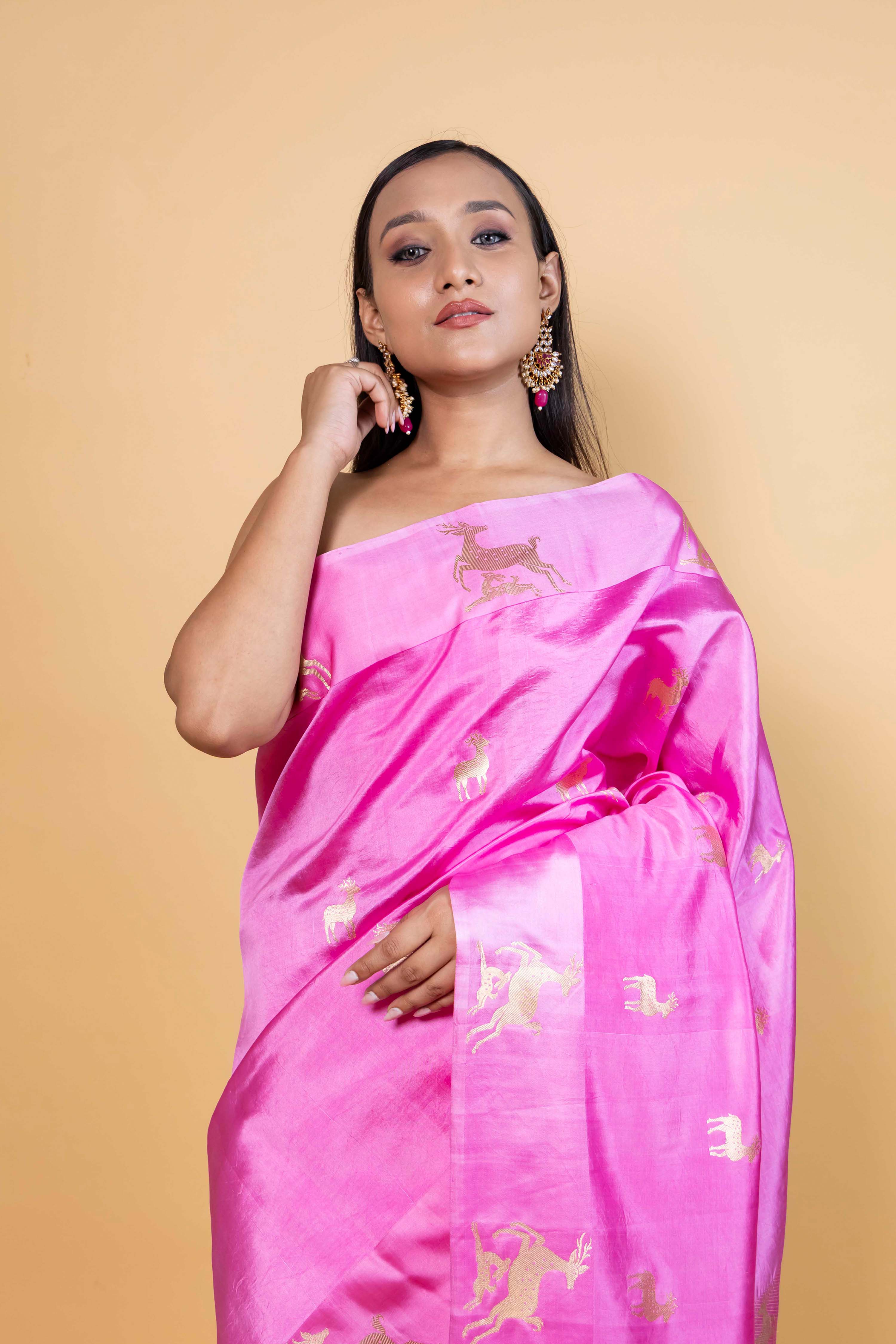 Pink Deer Motif Puna Silk Saree