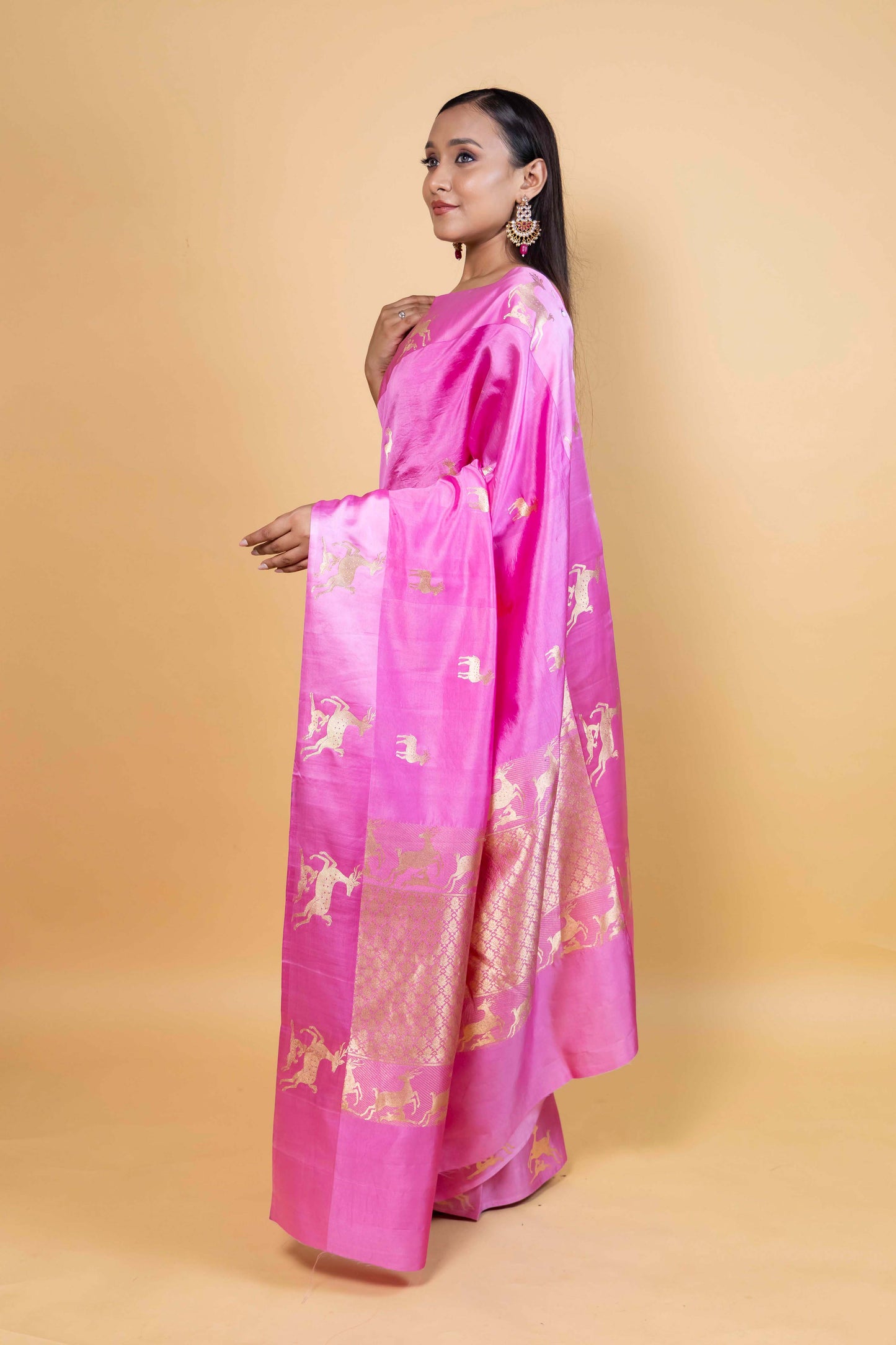 Pink Deer Motif Raw Mango Silk Saree