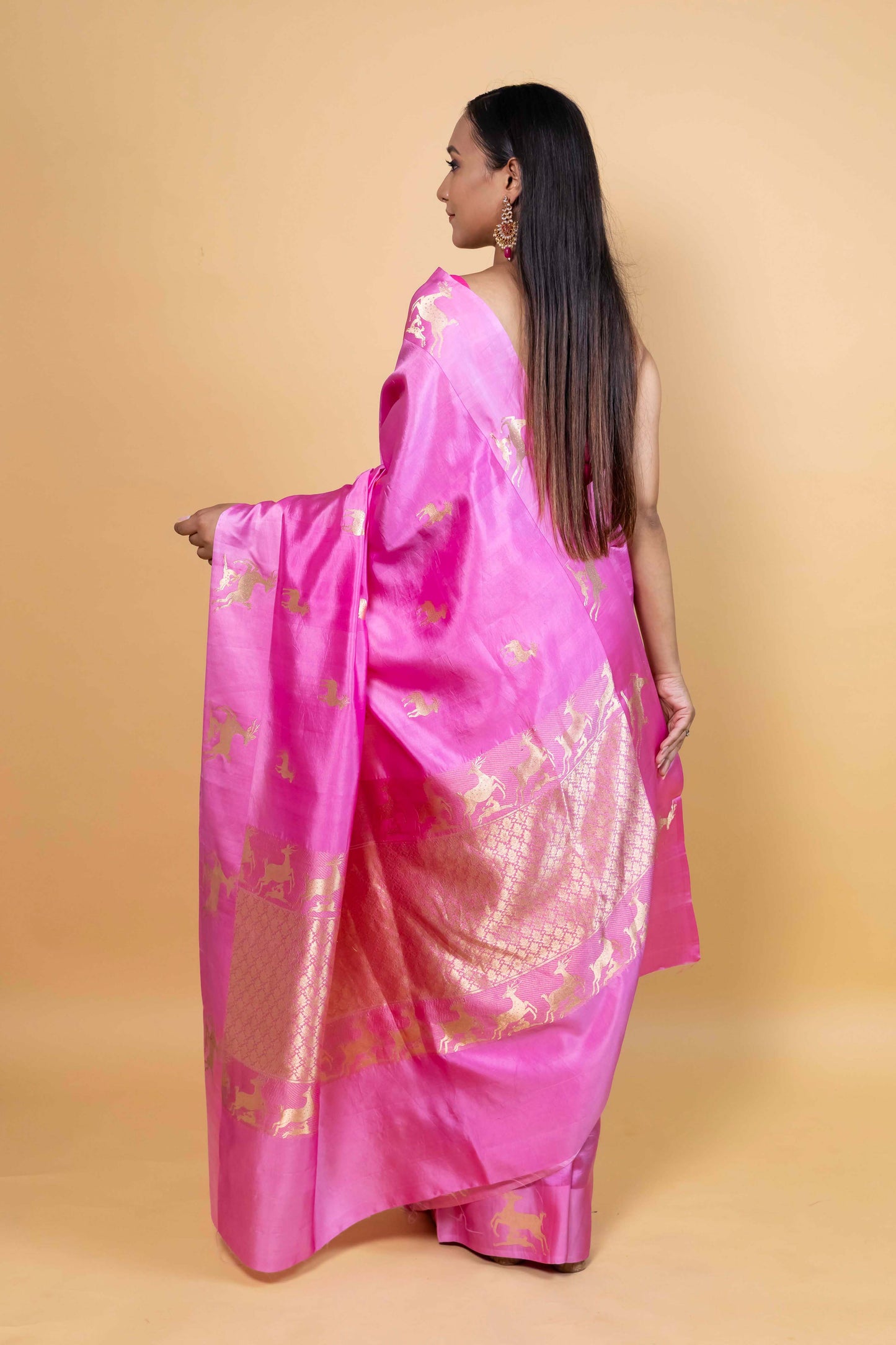 Pink Deer Motif Raw Mango Silk Saree