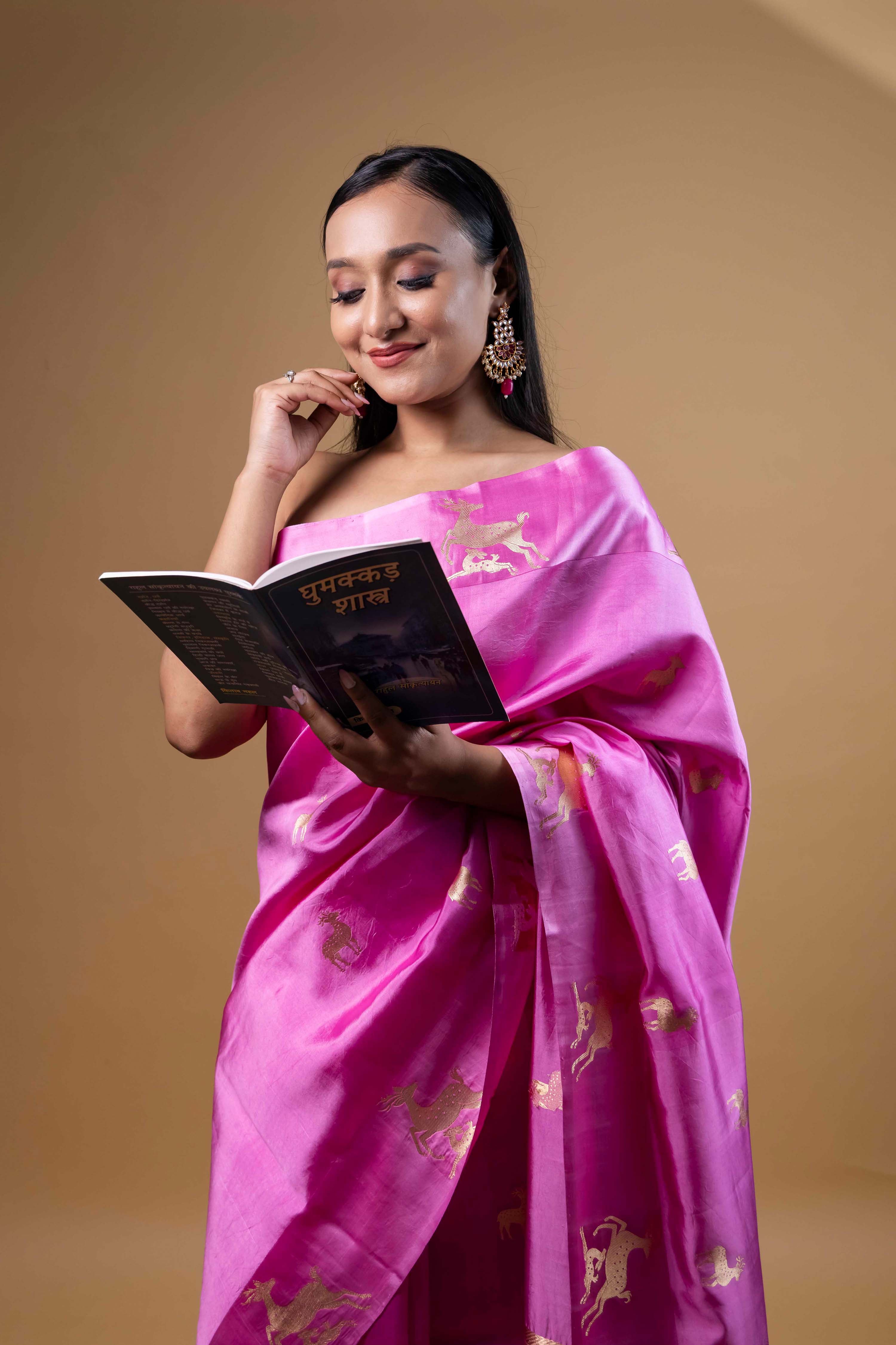 Pink Deer Motif Puna Silk Saree