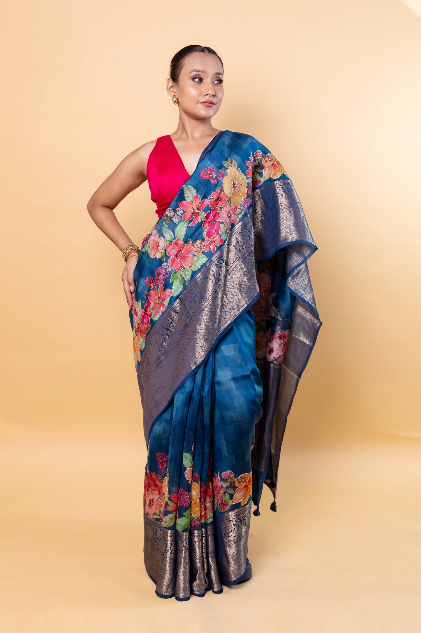 Peacock Blue Embellished Chiniya Silk Saree