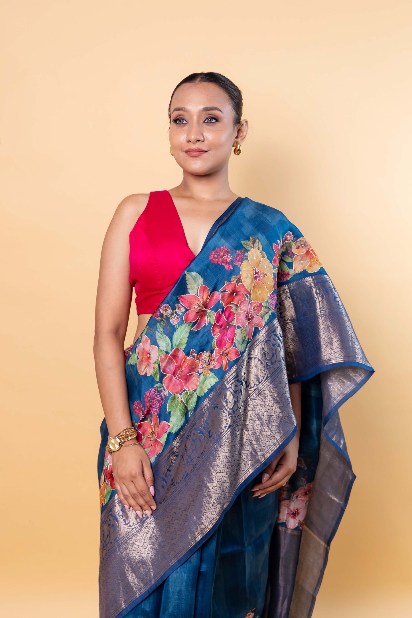 Peacock Blue Embellished Chiniya Silk Saree