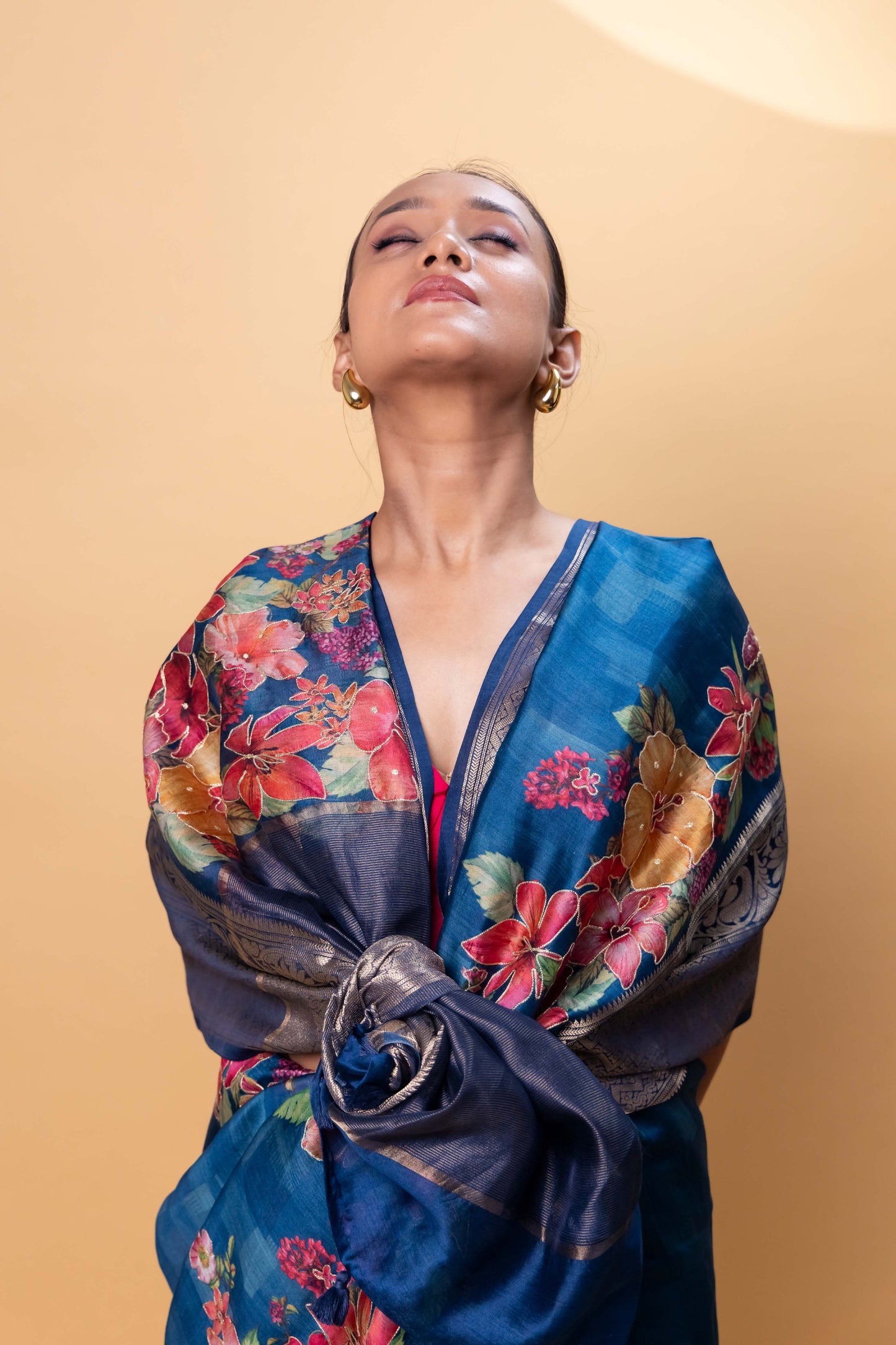 Peacock Blue Embellished Chiniya Silk Saree