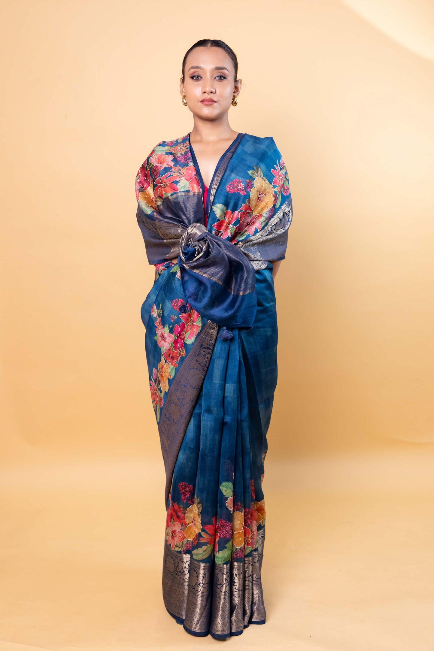 Peacock Blue Embellished Chiniya Silk Saree
