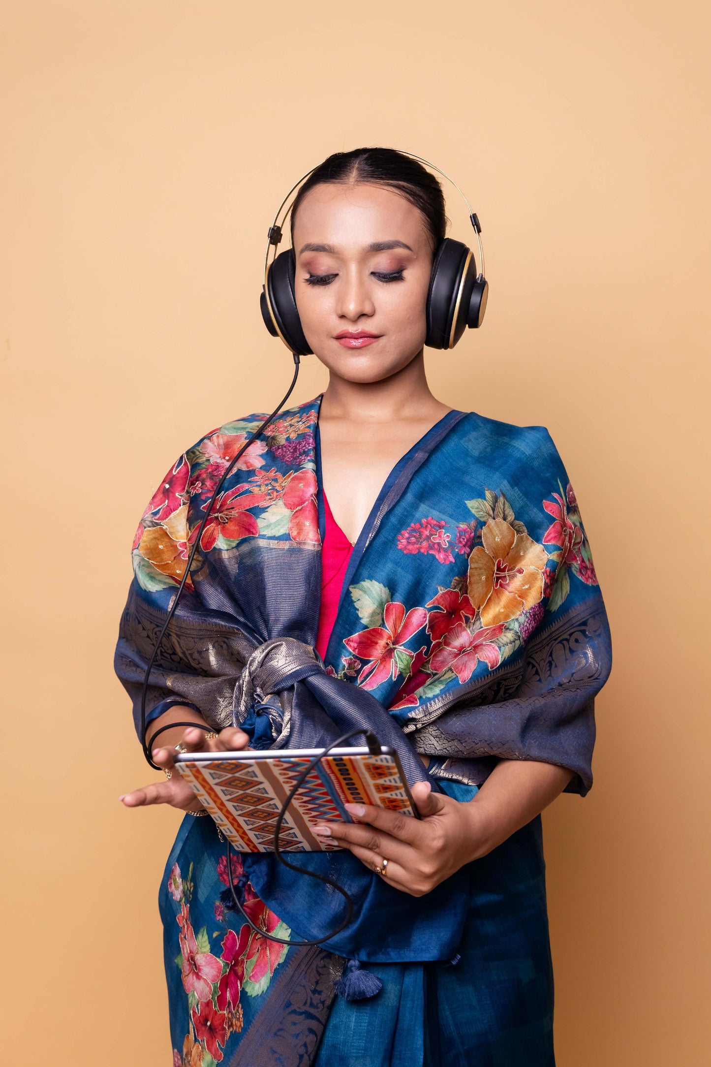 Peacock Blue Embellished Chiniya Silk Saree