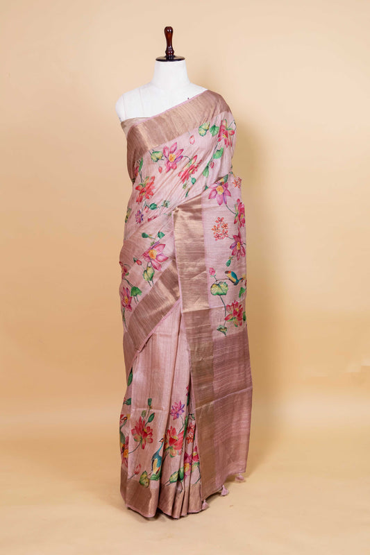 Peachy Pink Embellished Tussar Silk Saree