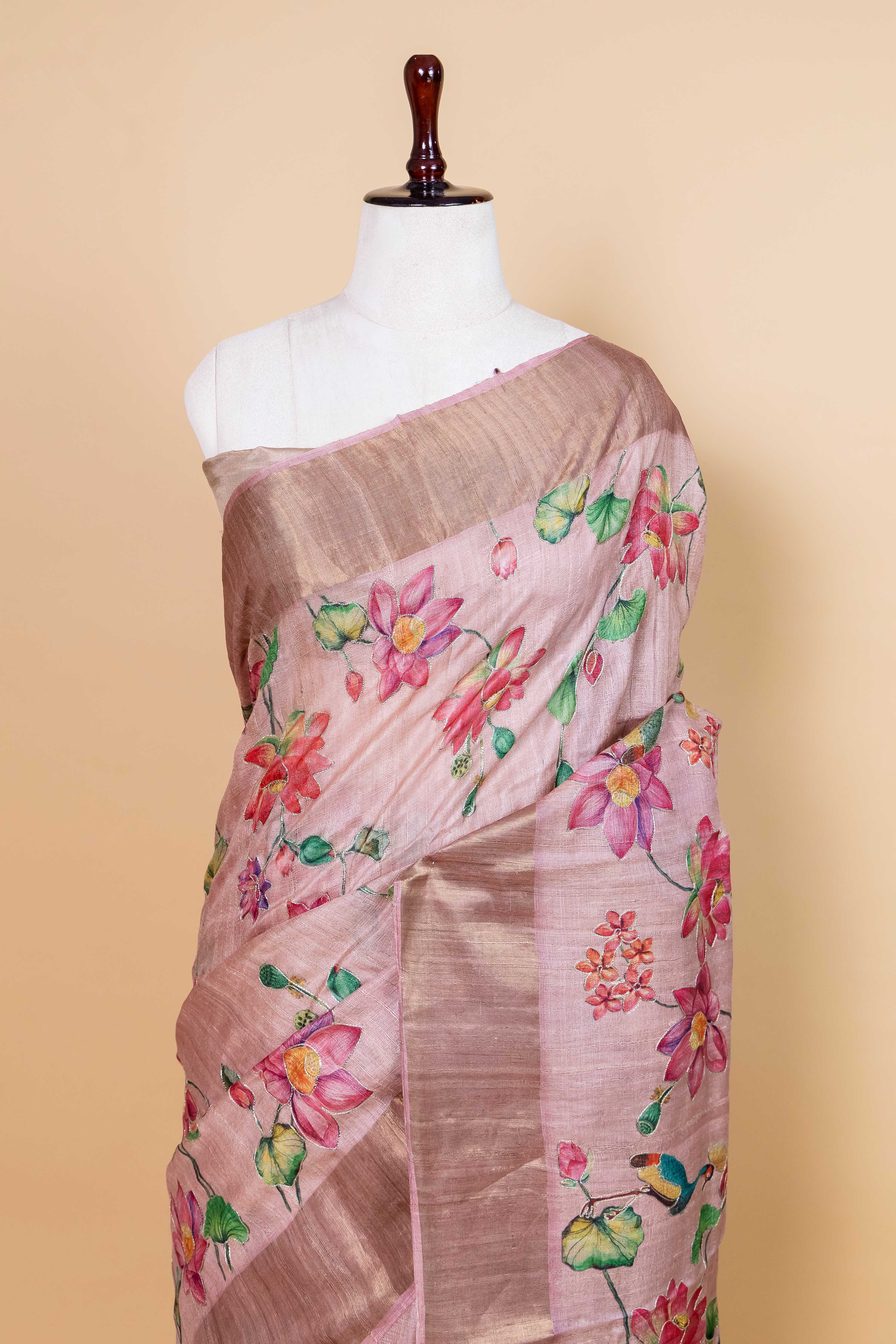 Peachy Pink Embellished Tussar Silk Saree