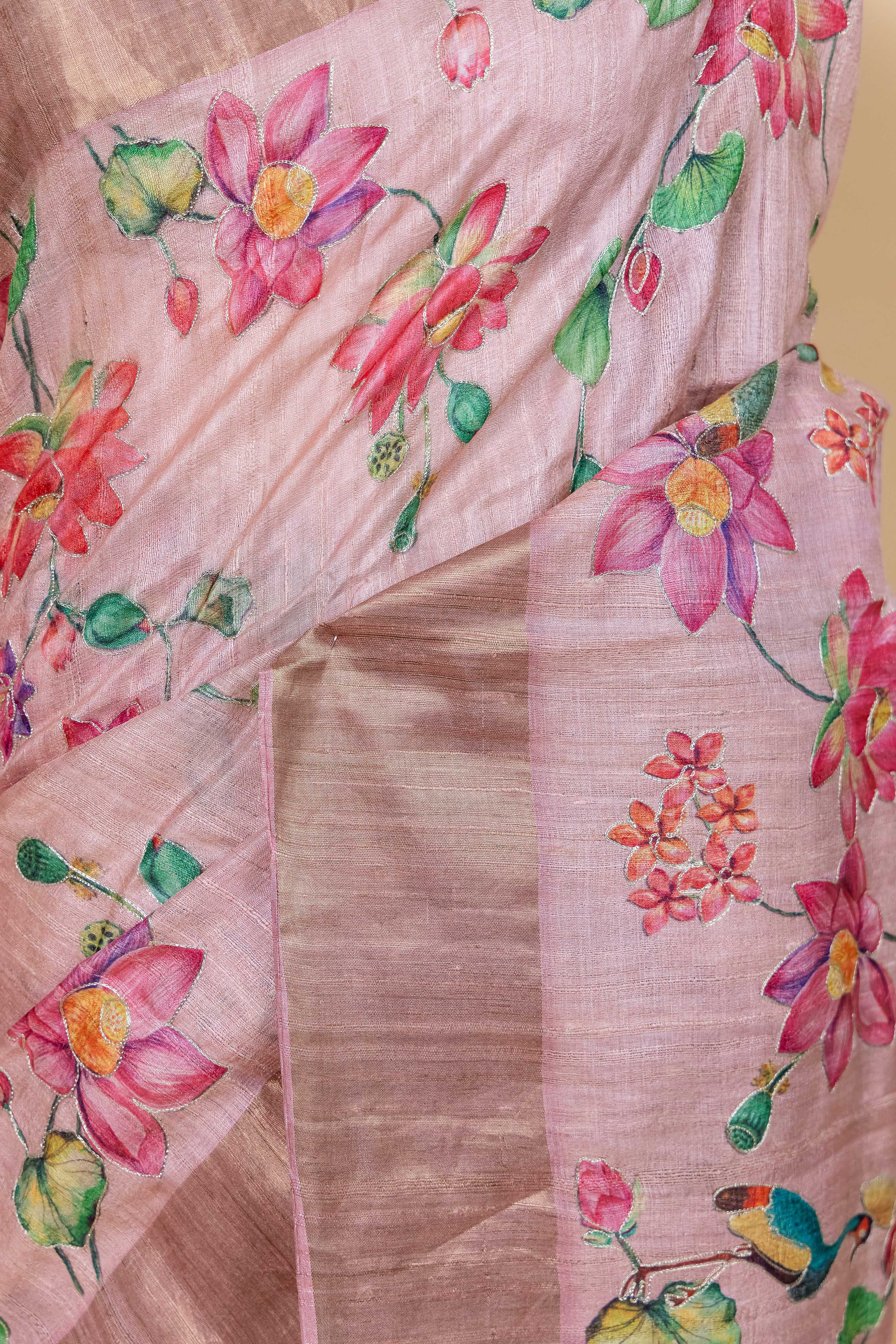 Peachy Pink Embellished Tussar Silk Saree