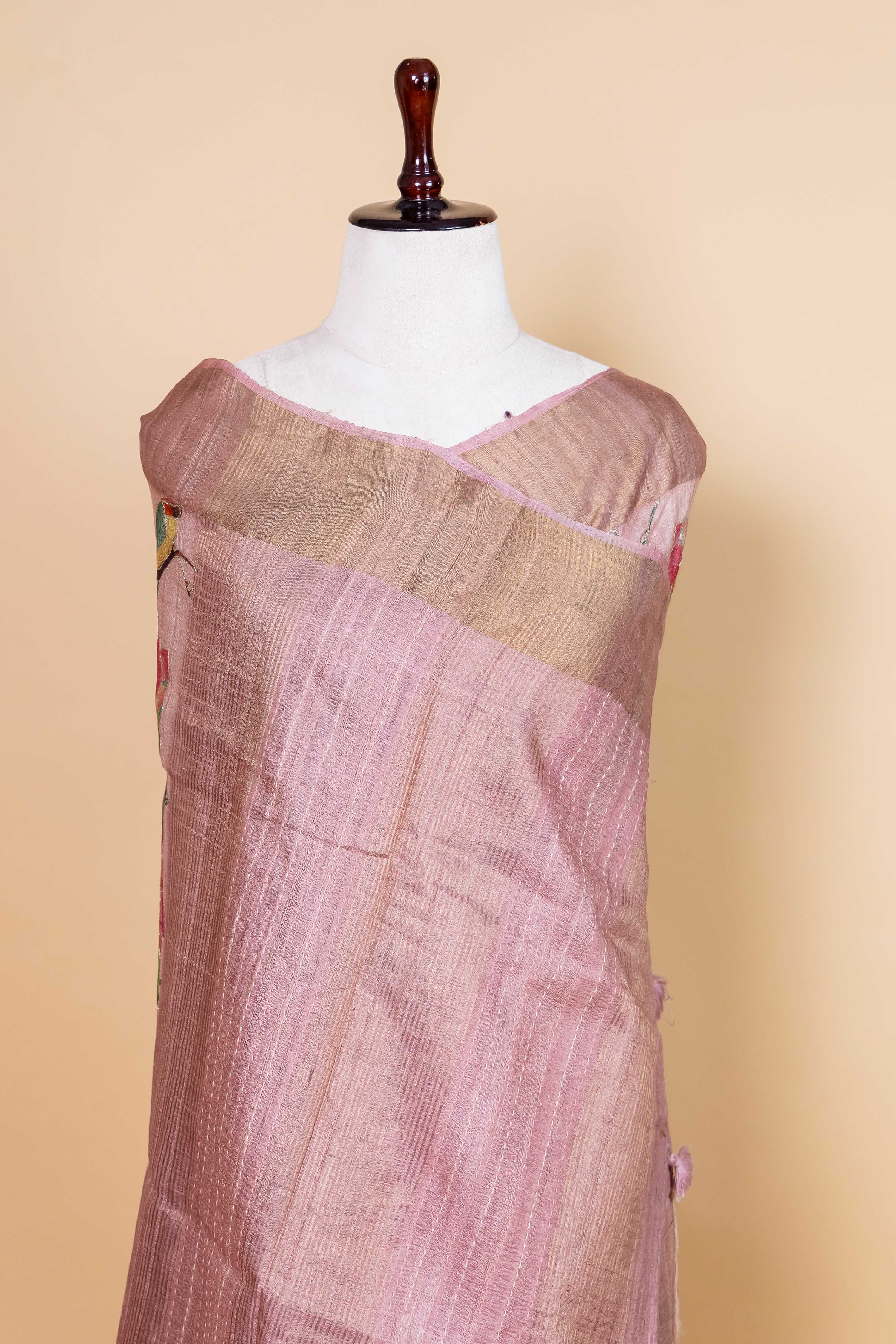 Peachy Pink Embellished Tussar Silk Saree