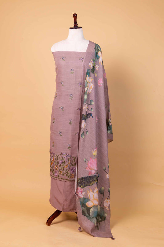 Brown Matka Linen Suit With Embroidery