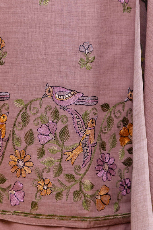 Brown Matka Linen Suit With Embroidery