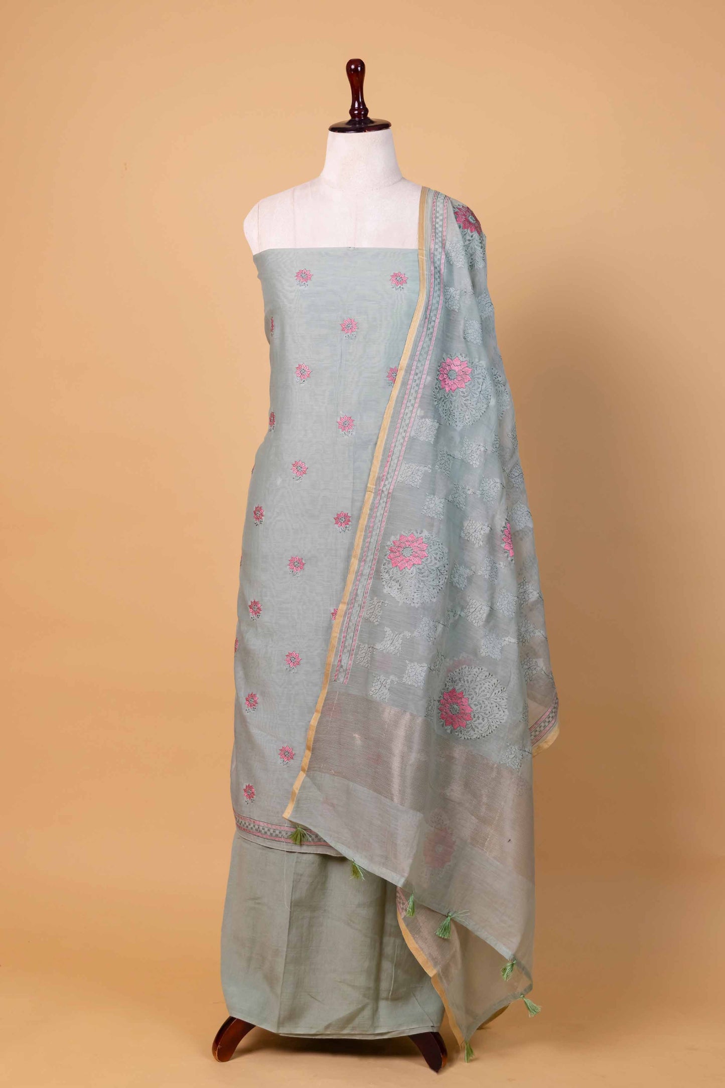 Sea Green Embroidered Mul Chanderi Suit