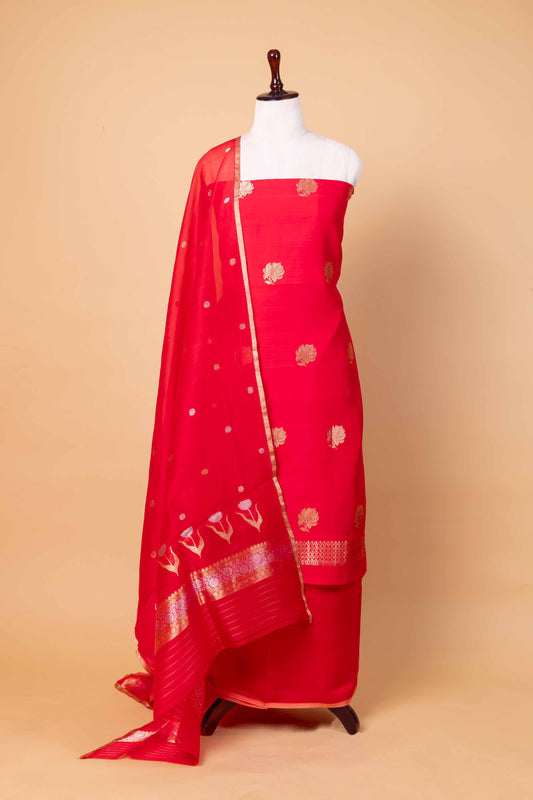 Red Handwoven Chiniya Silk Suit