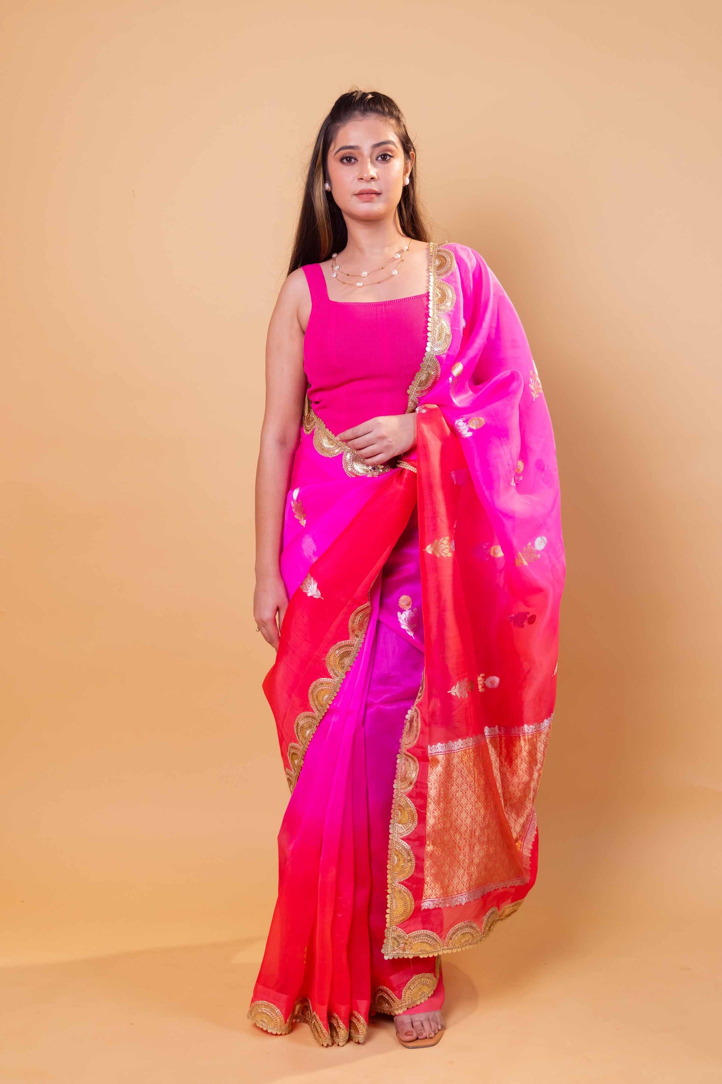 Pink & Peach Shaded Kadhua Organza Silk Saree With Embellished Border