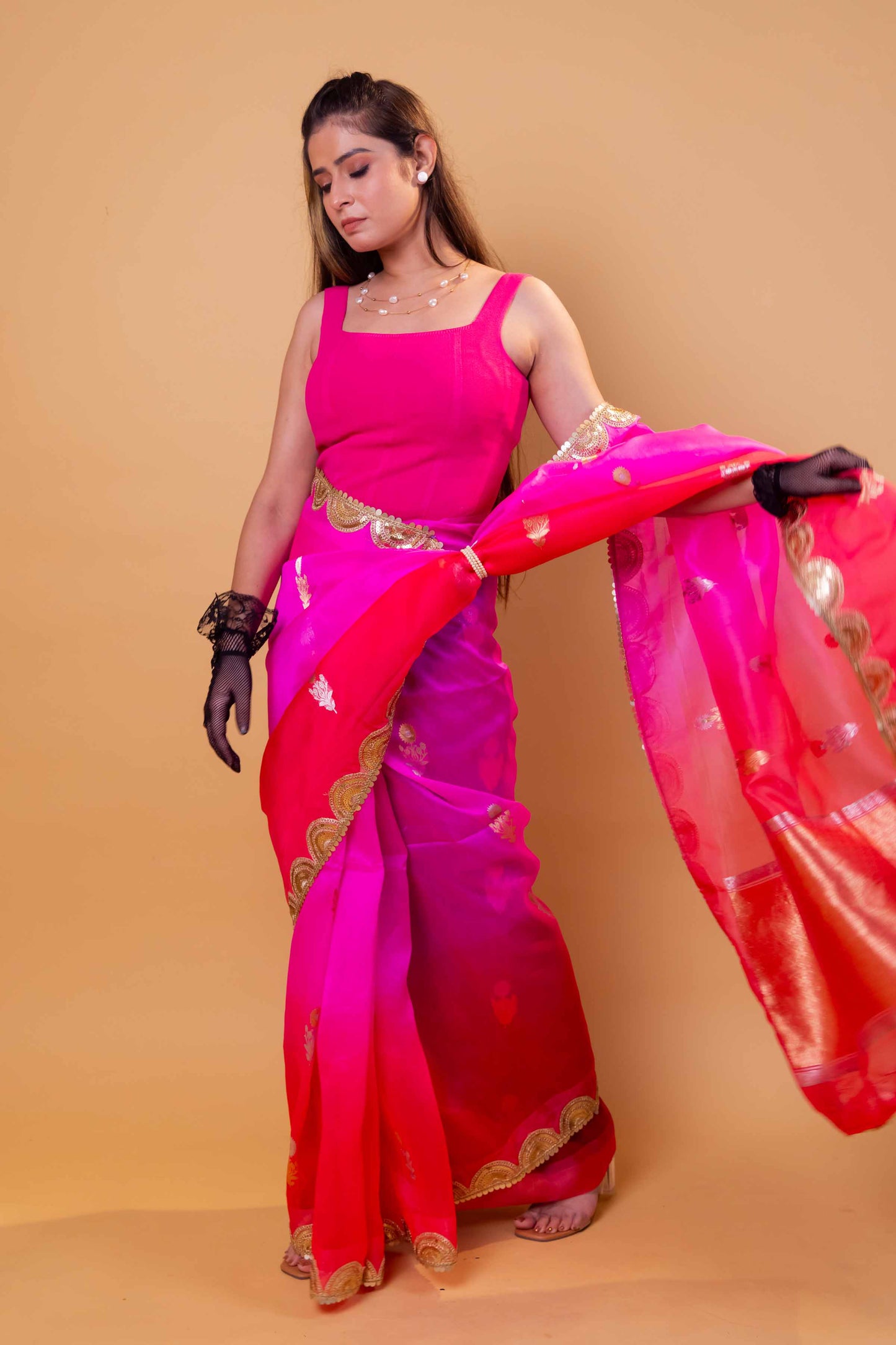 Pink & Peach Shaded Kadhua Organza Silk Saree With Embellished Border