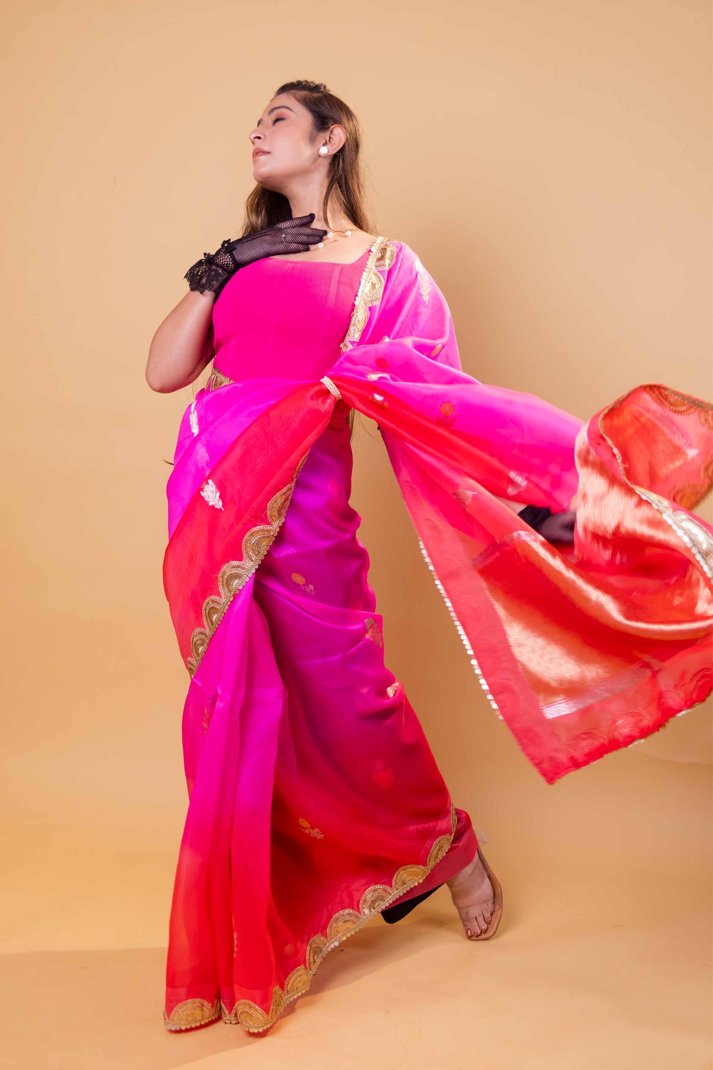 Pink & Peach Shaded Kadhua Organza Silk Saree With Embellished Border
