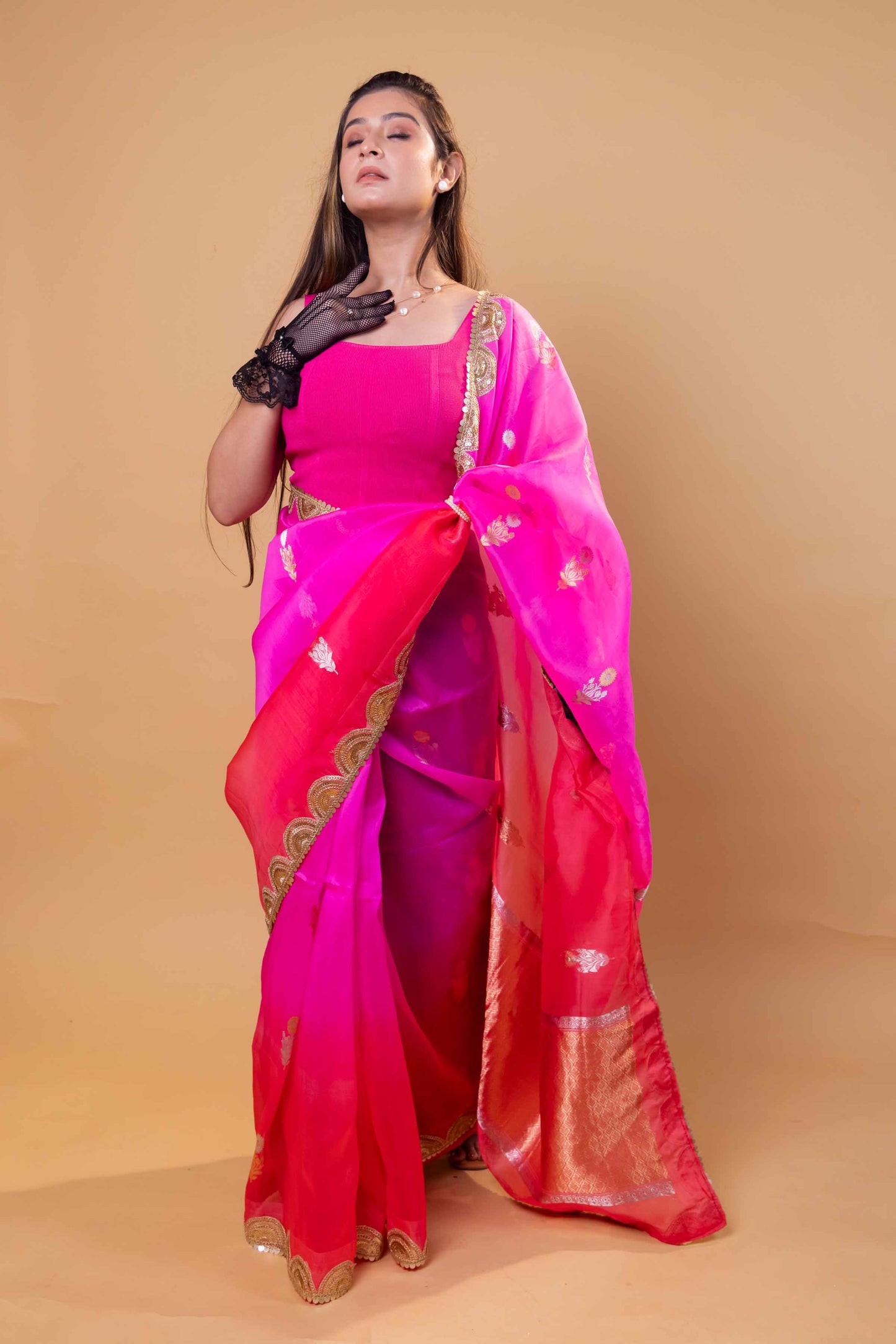 Pink & Peach Shaded Kadhua Organza Silk Saree With Embellished Border