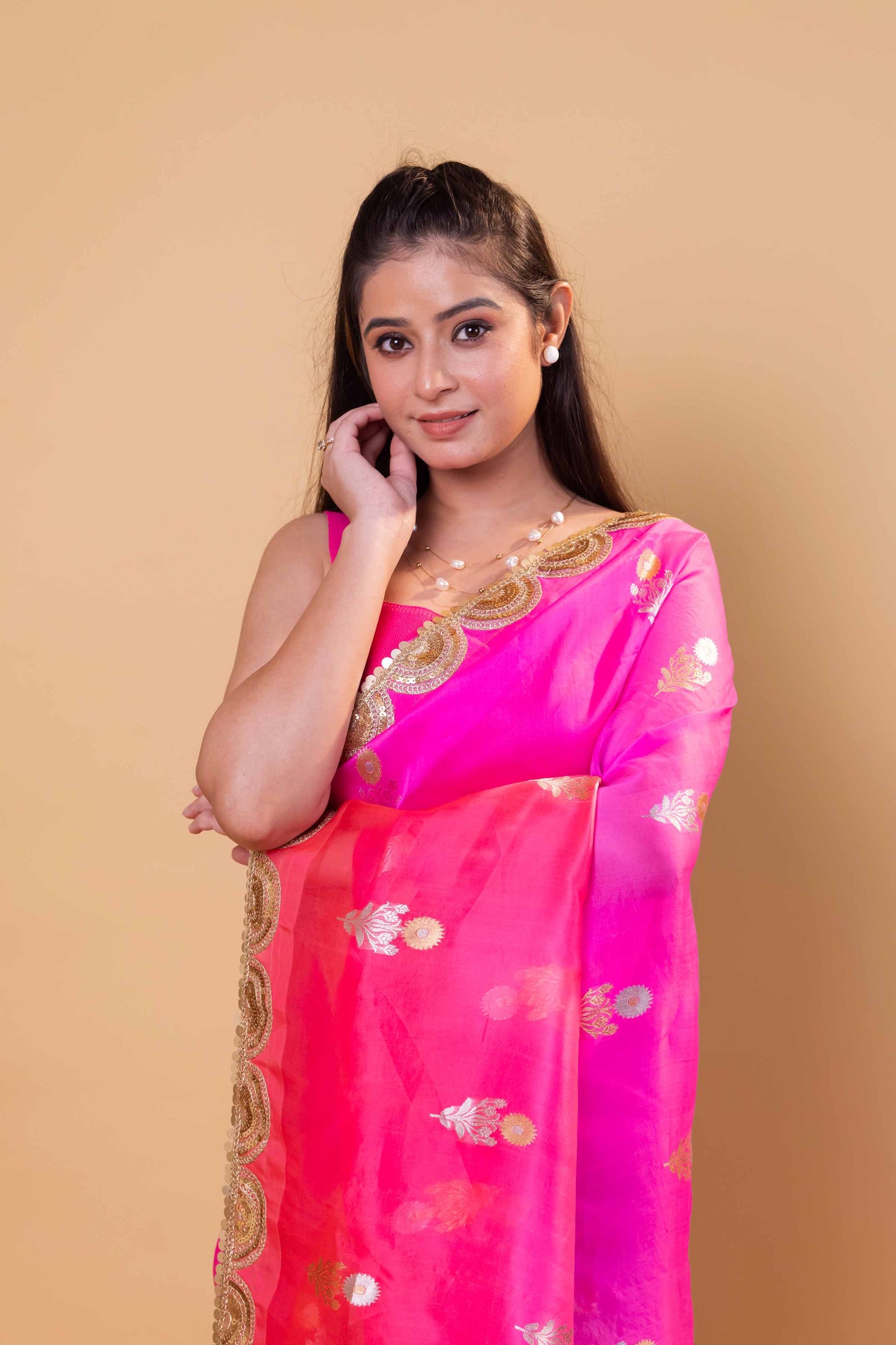 Pink & Peach Shaded Kadhua Organza Silk Saree With Embellished Border