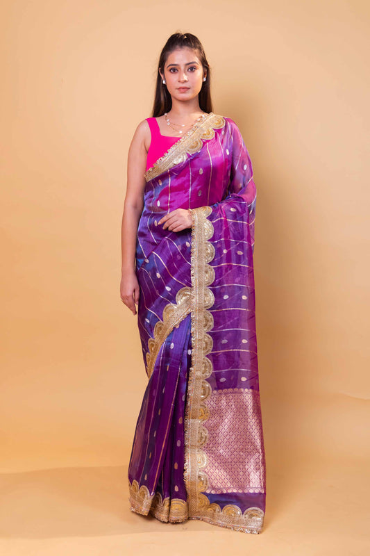 Purple & Pink Dhup Chav Pure Tissue Silk Saree With Embroidery Border