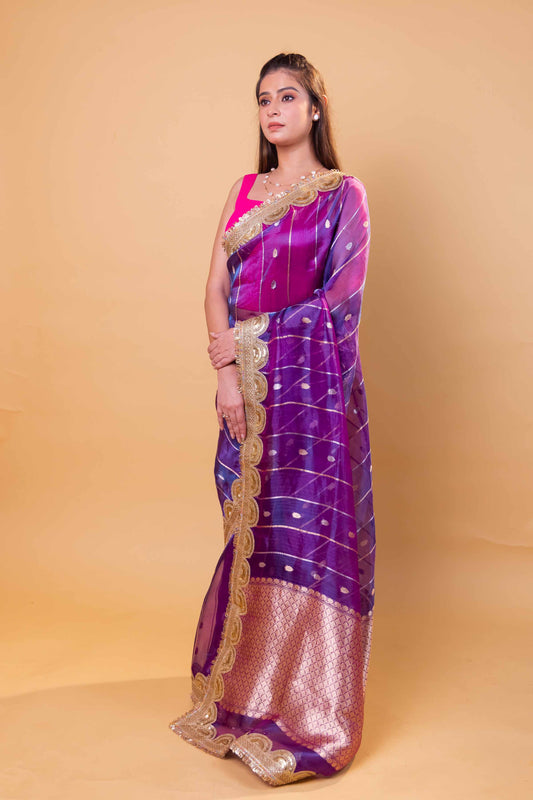 Purple & Pink Dhup Chav Pure Tissue Silk Saree With Embroidery Border