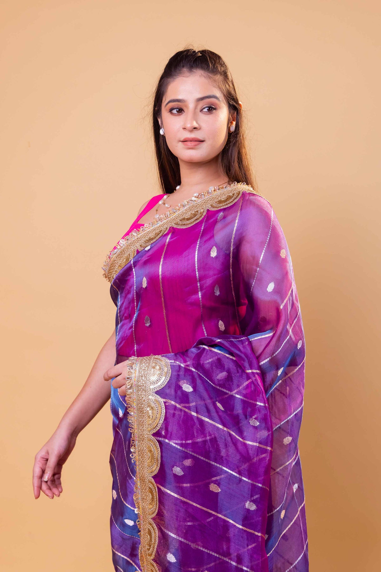 Purple & Pink Dhup Chav Pure Tissue Silk Saree With Embroidery Border