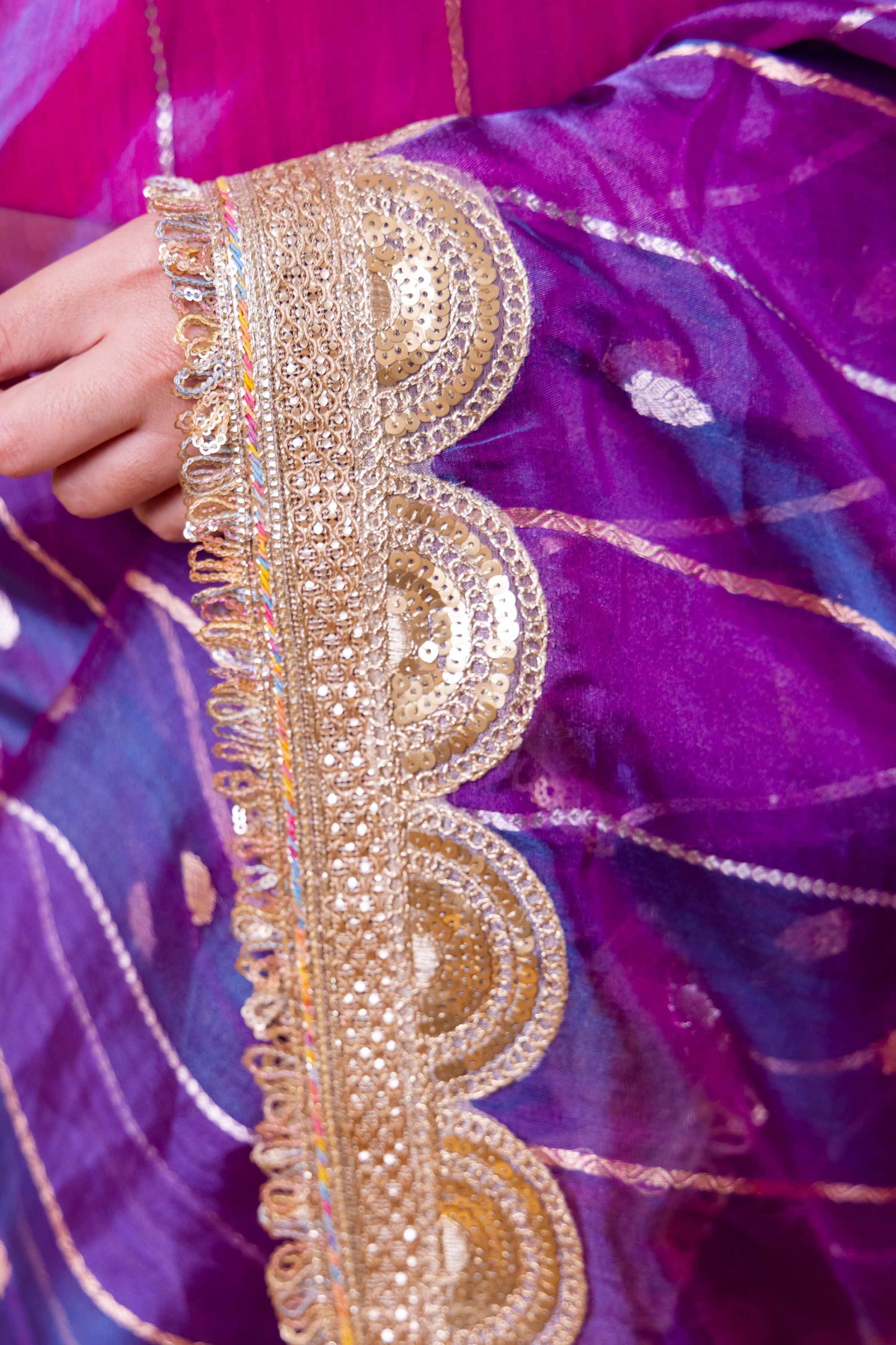 Purple & Pink Dhup Chav Pure Tissue Silk Saree With Embroidery Border