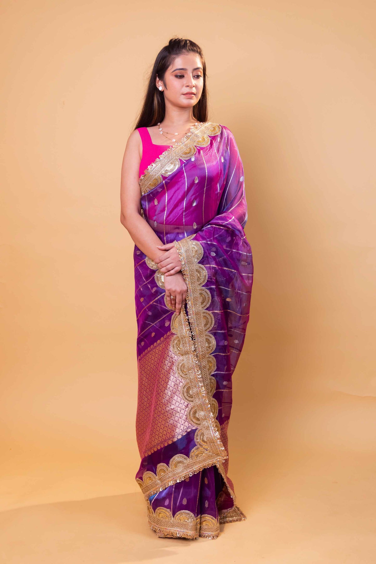 Purple & Pink Dhup Chav Pure Tissue Silk Saree With Embroidery Border