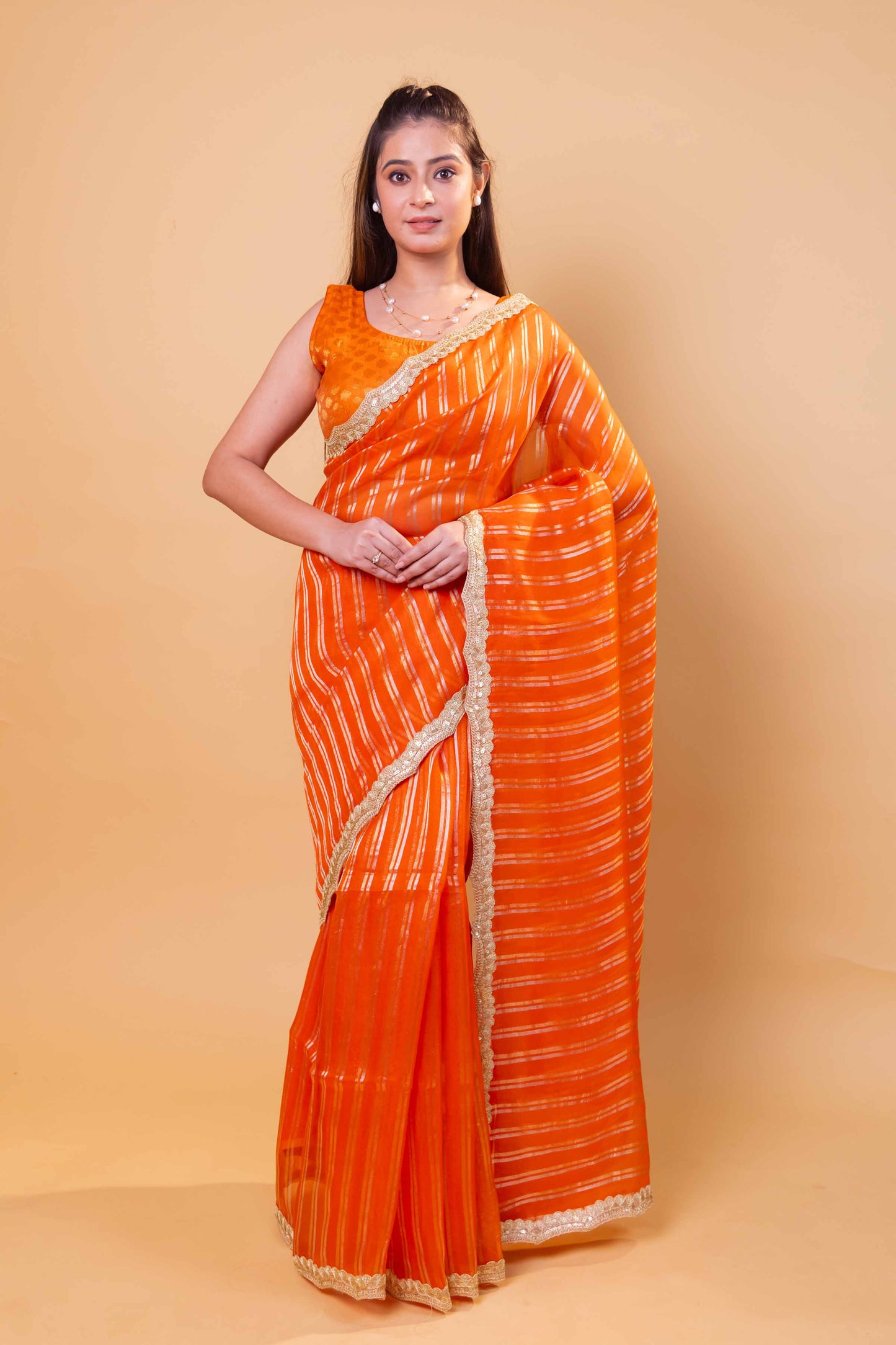 Orange Sona Rupa Stripe Organza Silk Saree With Embellished Border