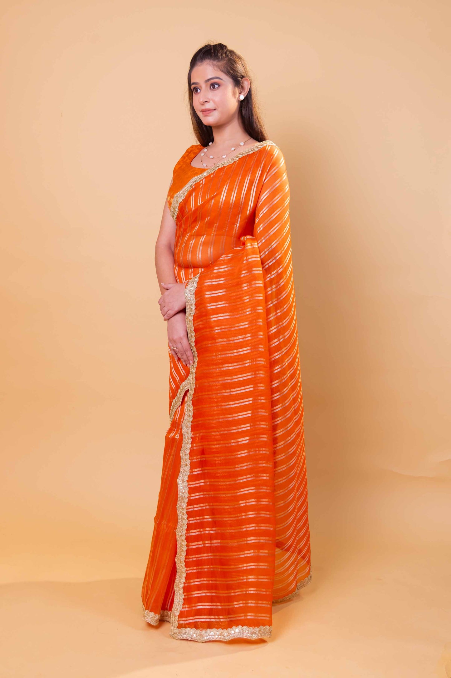Orange Sona Rupa Stripe Organza Silk Saree With Embellished Border