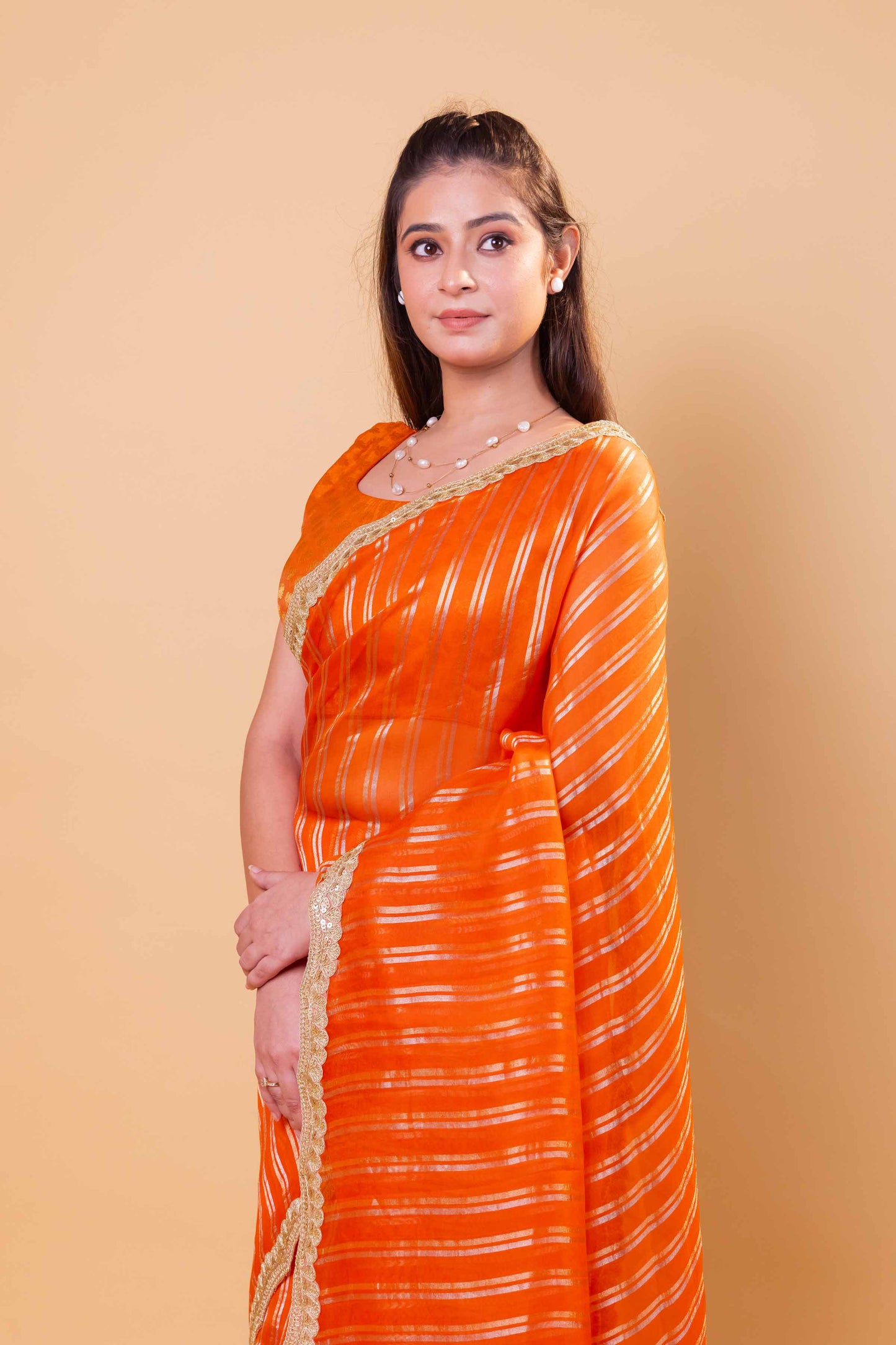 Orange Sona Rupa Stripe Organza Silk Saree With Embellished Border